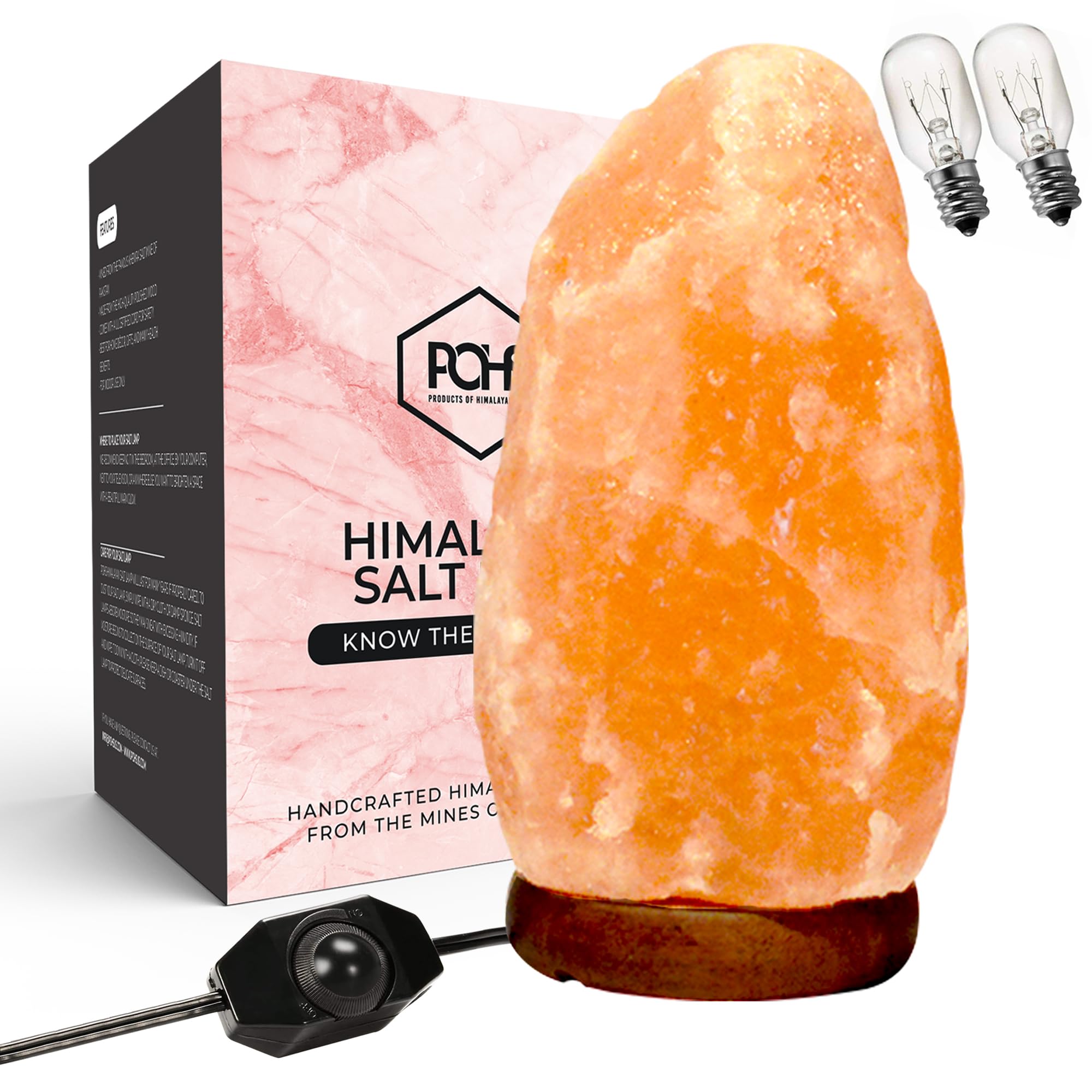 Pohs 10-12 Inches Tall- Extra Large,11-15 Lbs, 100% Authentic Natural Himalayan Pink Salt Lamp, Hand Crafted Wooden Base, Bulb Replacement Included