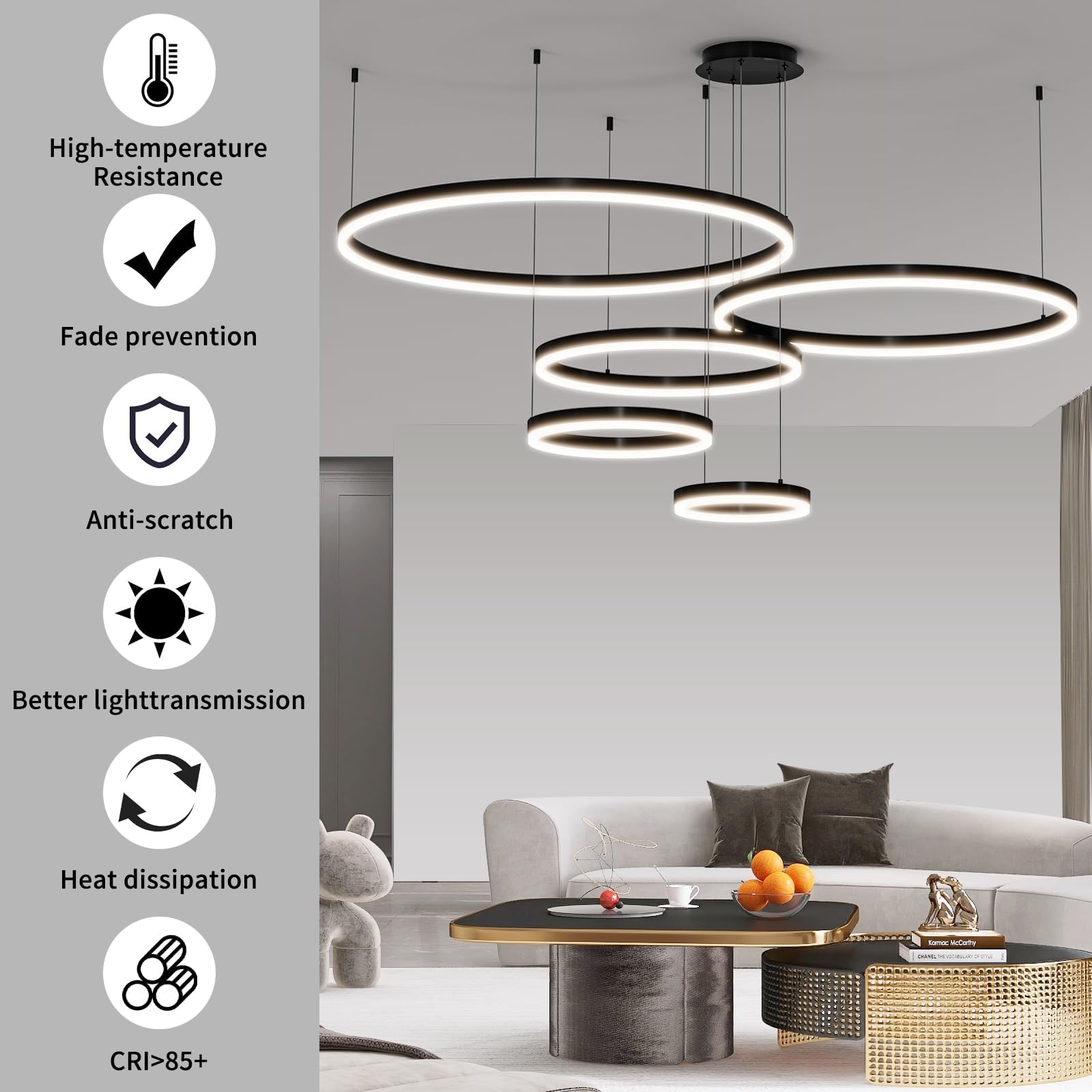 Mikeru Modern LED 5 Ring Chandelier, Remote Control, Adjustable 3000K-6500K, 11.8-39.5IN, Aluminum, A-Black, Model
