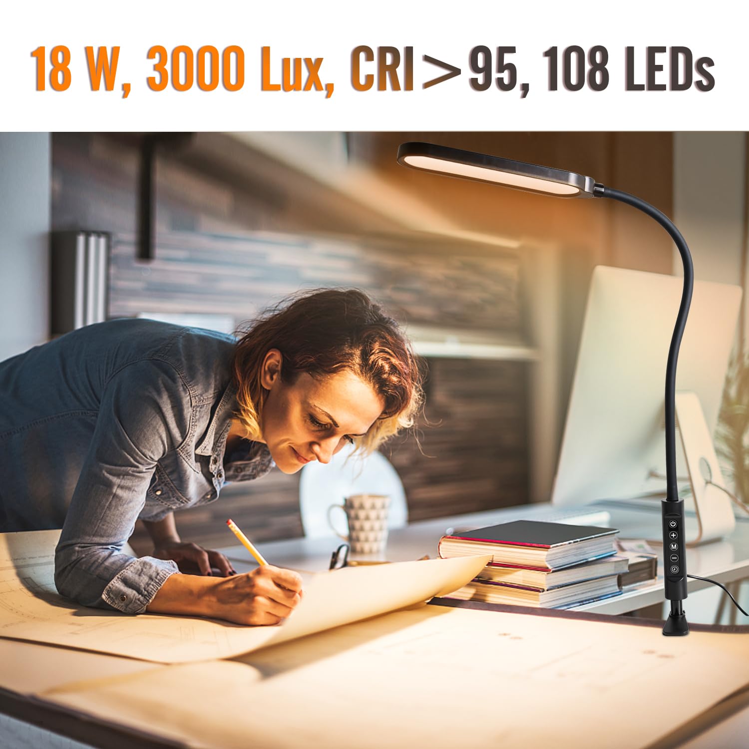 CeSunlight Clamp Lamp - Ultra Bright 18W, CRI>95, 3 Color Modes, Large, Ink Black, Model G03, Eye-Caring with Remote and Timer
