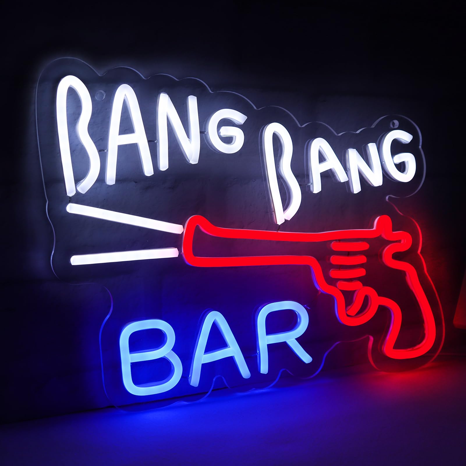 JFLLamp Neon Sign for Wall Decor, BANG BANG BAR, 12.2 x 15.4 Inch, Blue/Red/White, Model NS-BANG BANG BAR 001
