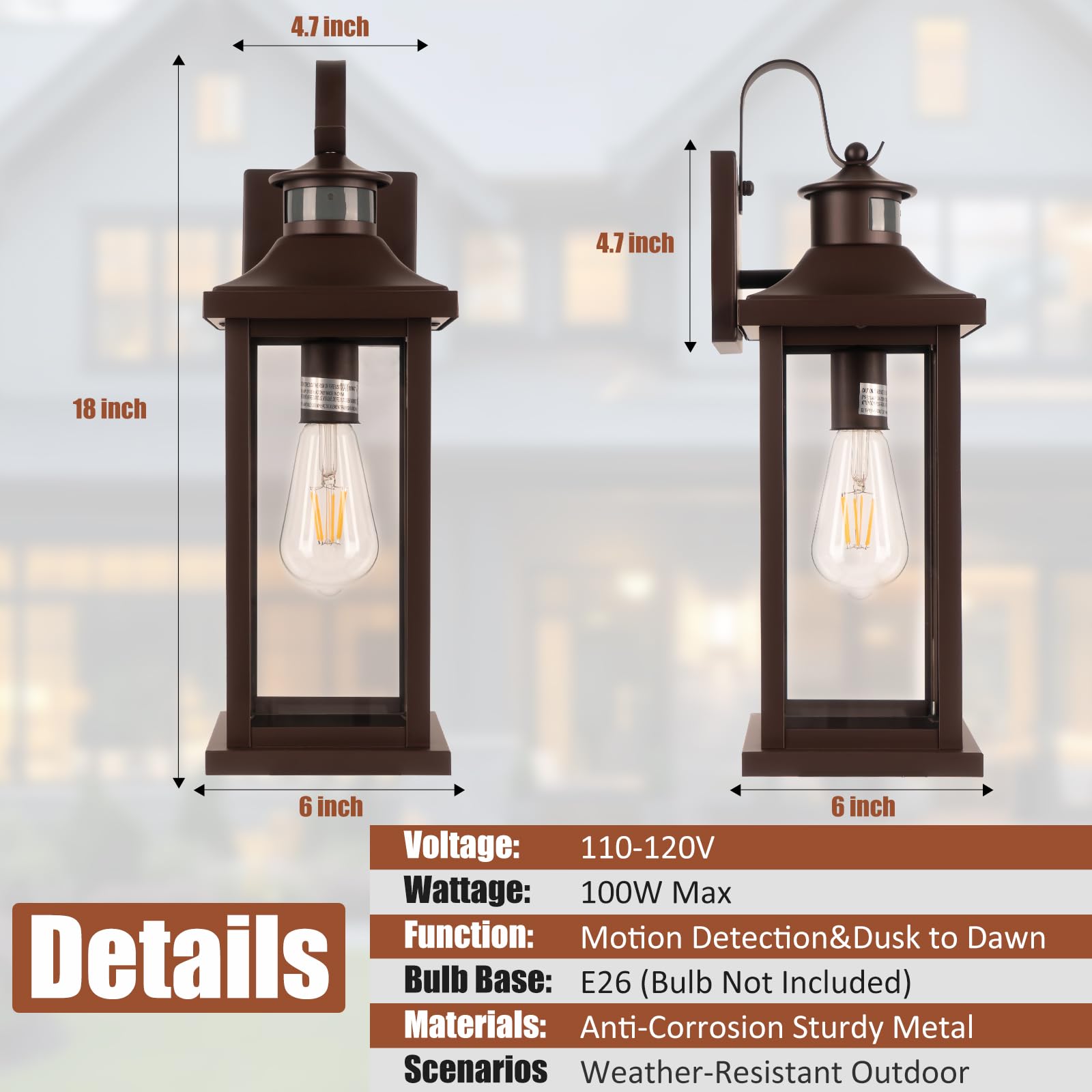 Roravilila 1-Pack 18 Inch Oil Rubbed Bronze Motion Sensor Outdoor Wall Lantern Ip65 Waterproof, Large Brown Dusk To Dawn Outdoor