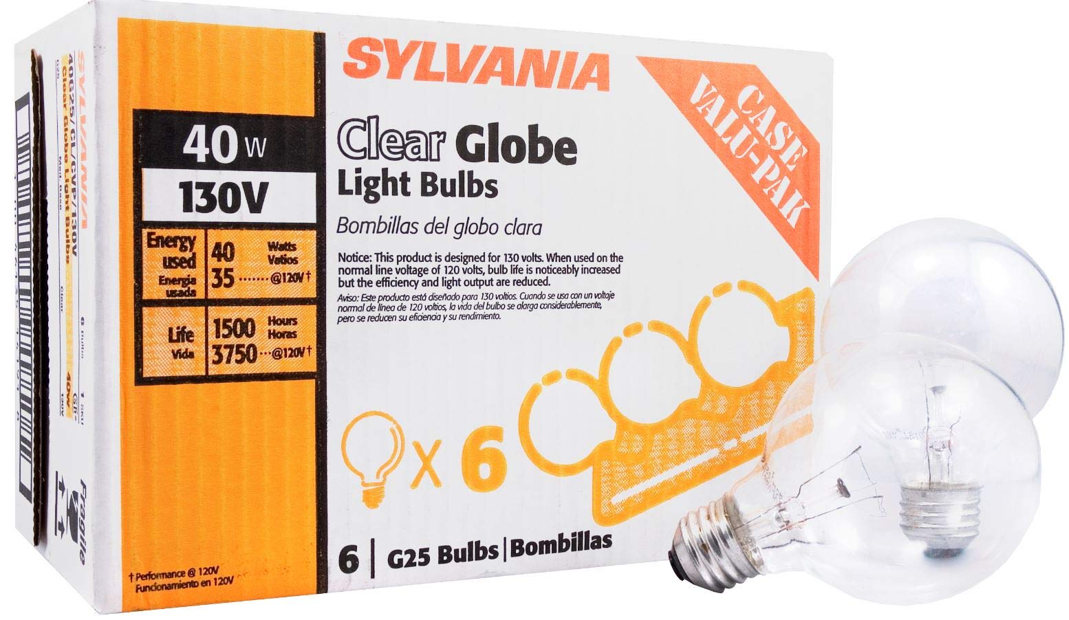 SYLVANIA Incandescent G25 D  cor Globe Light Bulb, 40W, Dimmable, E26 Medium Base, Clear, 2850K, Warm White - 6 Pack (14191)