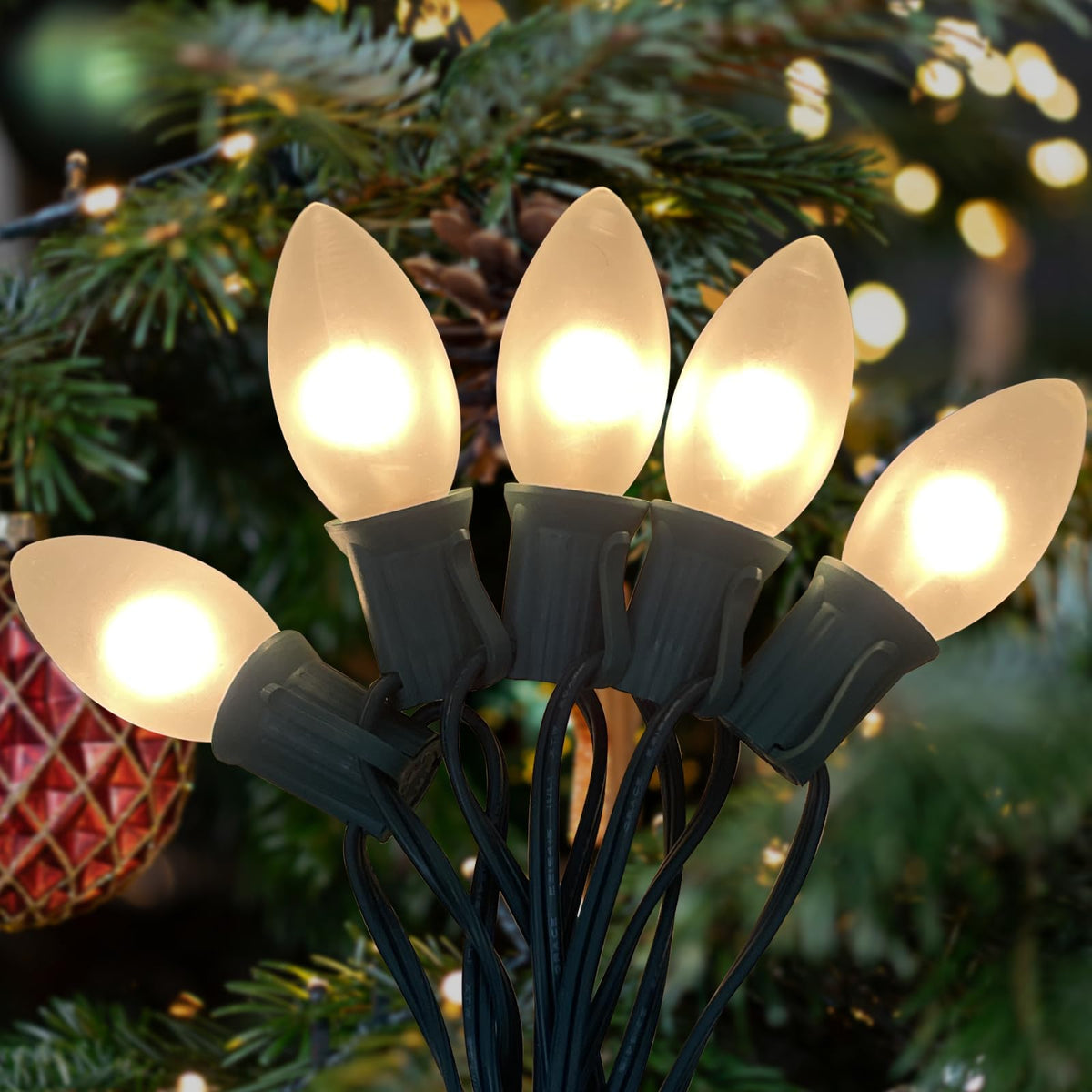 C9 Outdoor Christmas String Lights, 25Ft Christmas White String Lights with 26 Frosted White Light Bulbs(1 Spare), Hanging Backy