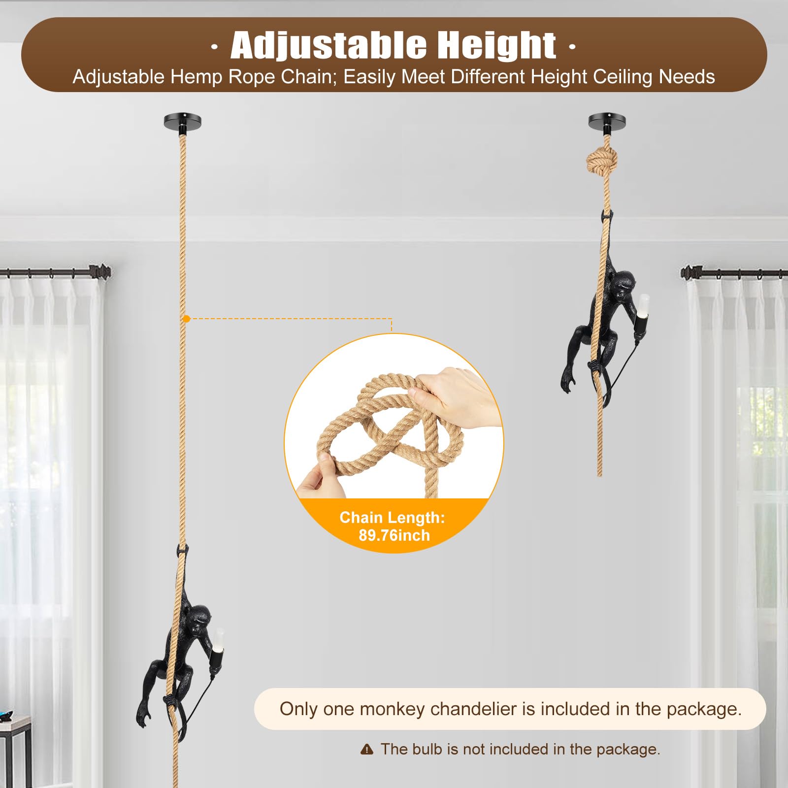 Huashuani Monkey Pendant Light, Vintage Resin Monkey Chandelier, Creative Monkey Shape E26 Hanging Light Fixture With Hemp Rope