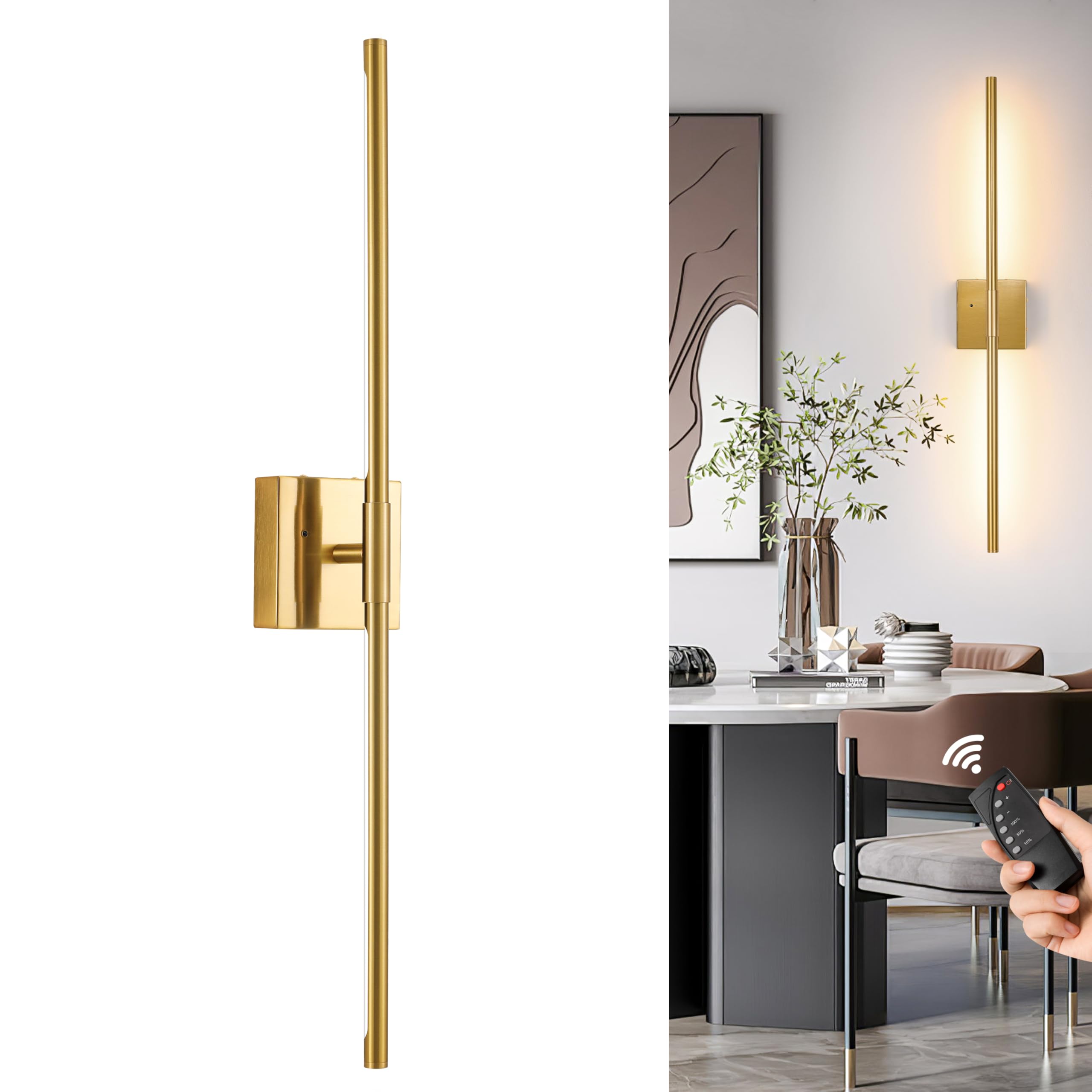 Morauroral Gold Battery Operated Wall Sconce Single, Usb Rechargeable Wall Sconce With Remote, Dimmable Sconce Wall Light, 30 In