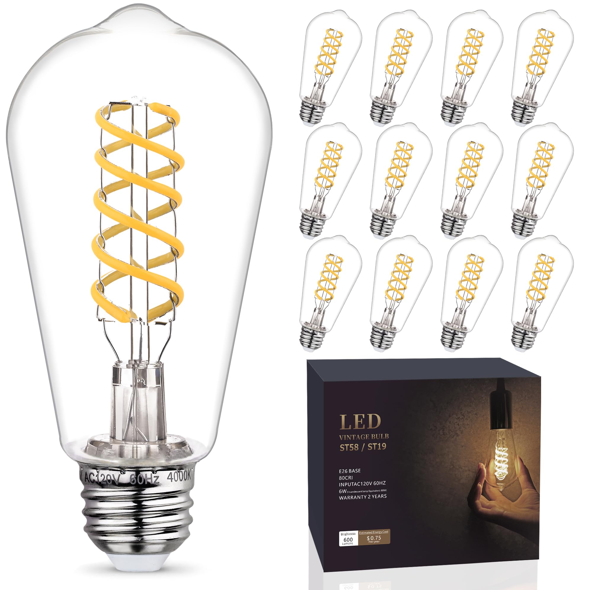 Emymlite 12 - Pack 60 Watt Equivalent, E26 Led Filament Light Bulbs, Neutral White 4000K, Dimmable, Antique Filament Decorative 