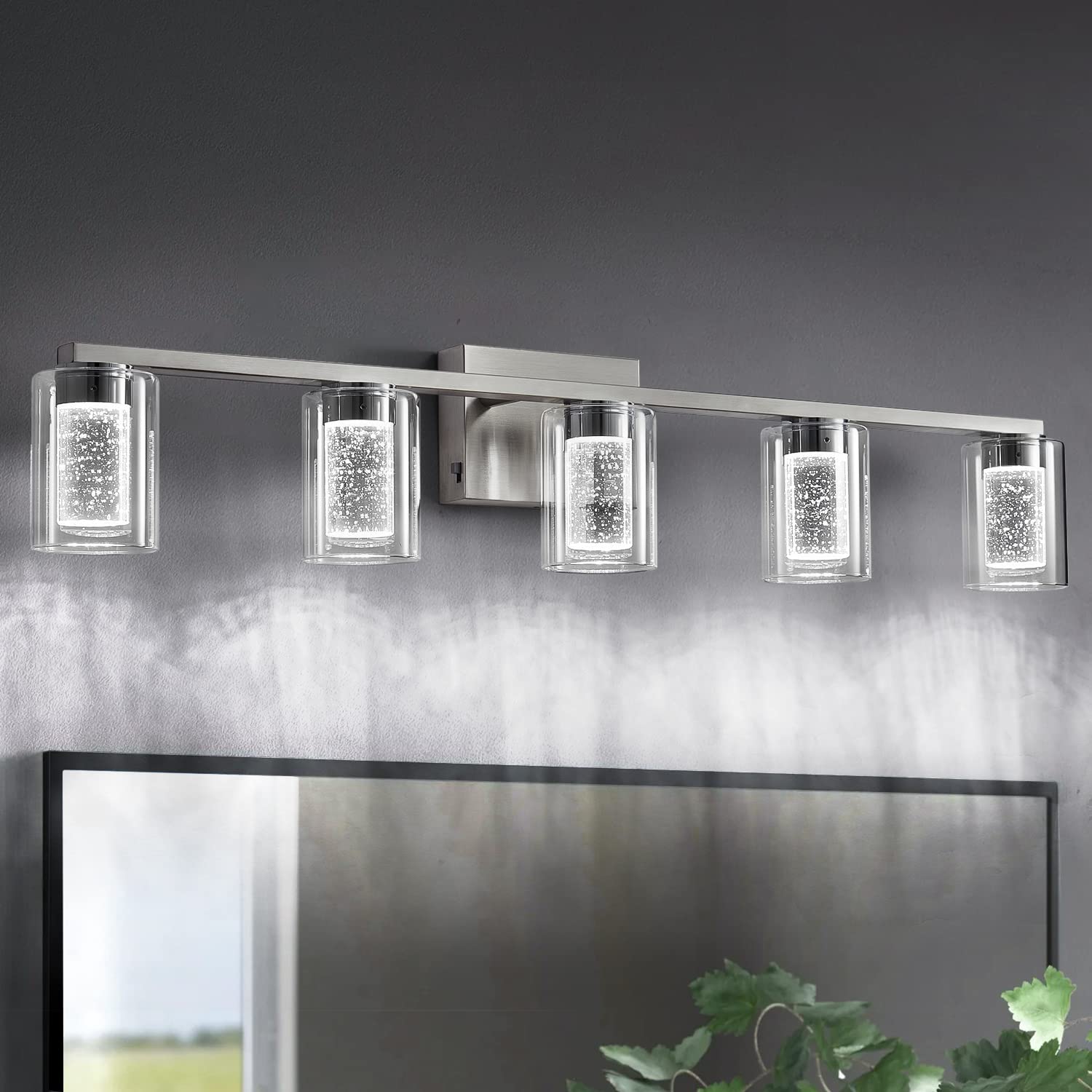 stambord Bathroom Light Fixtures, 5 Light Brushed Nickel Vanity Light, Dimmable LED with Crystal Bubble Glass, Model B90-05