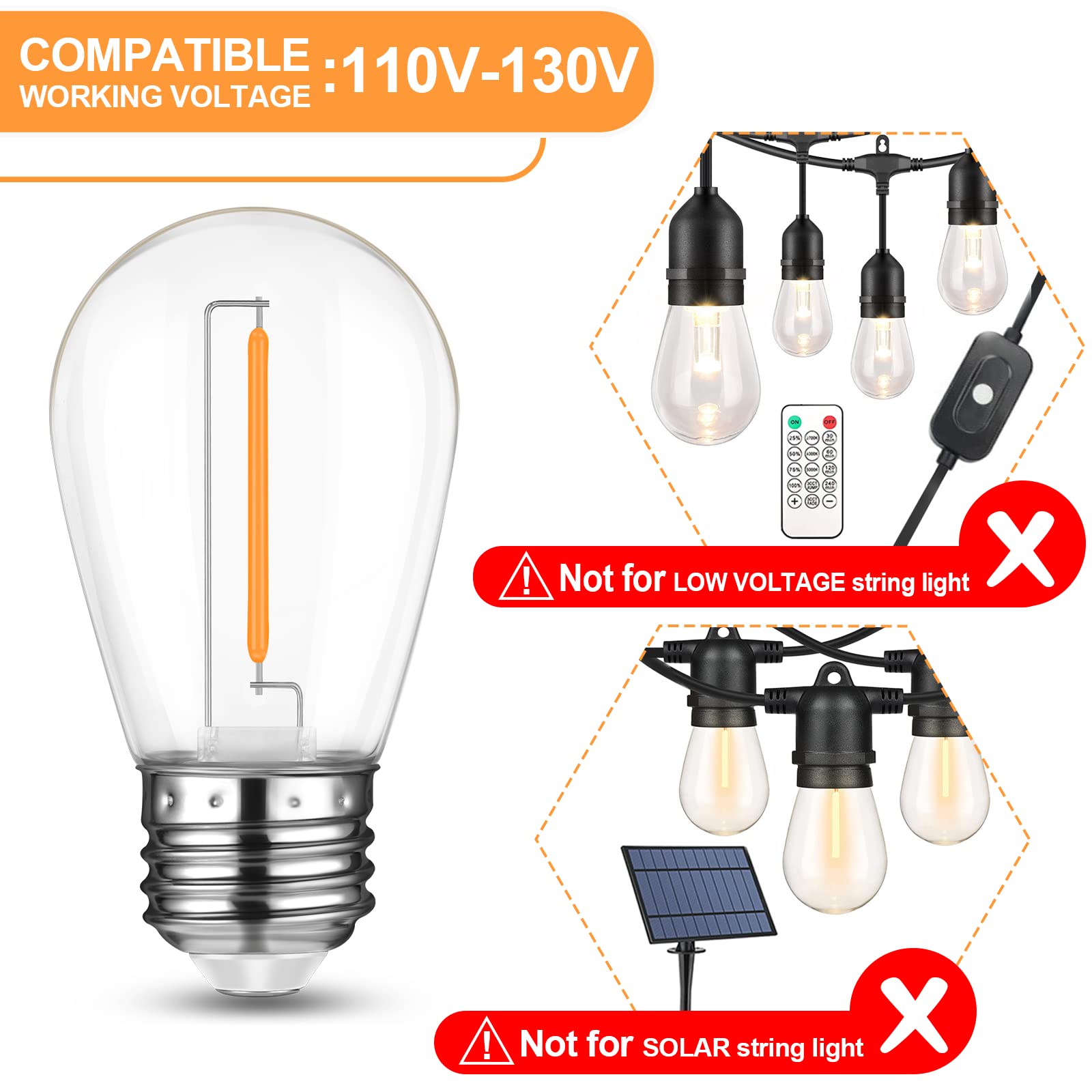 Mlambert 24 Pack Led String Light Bulbs,Shatterproof Outdoor String S14 Replacement Light Bulbs 2200K,Waterproof 1W Led Bulbs Equal To 11W,Not Solar
