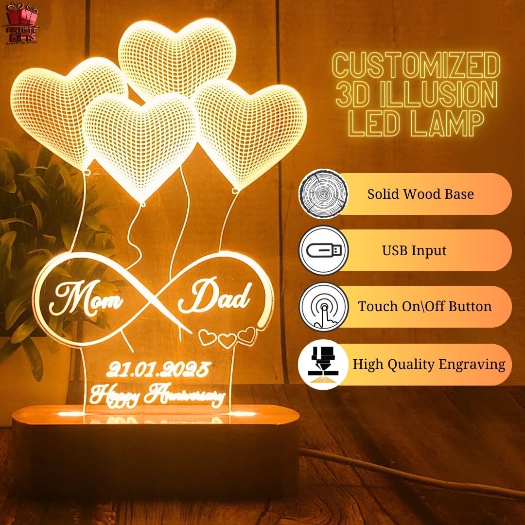 Artistic Gifts Personalized 3D Illusion LED Table Lamp | Heart Shape Customized Name Lamp for Couple Gift Anniversary, Wedding,