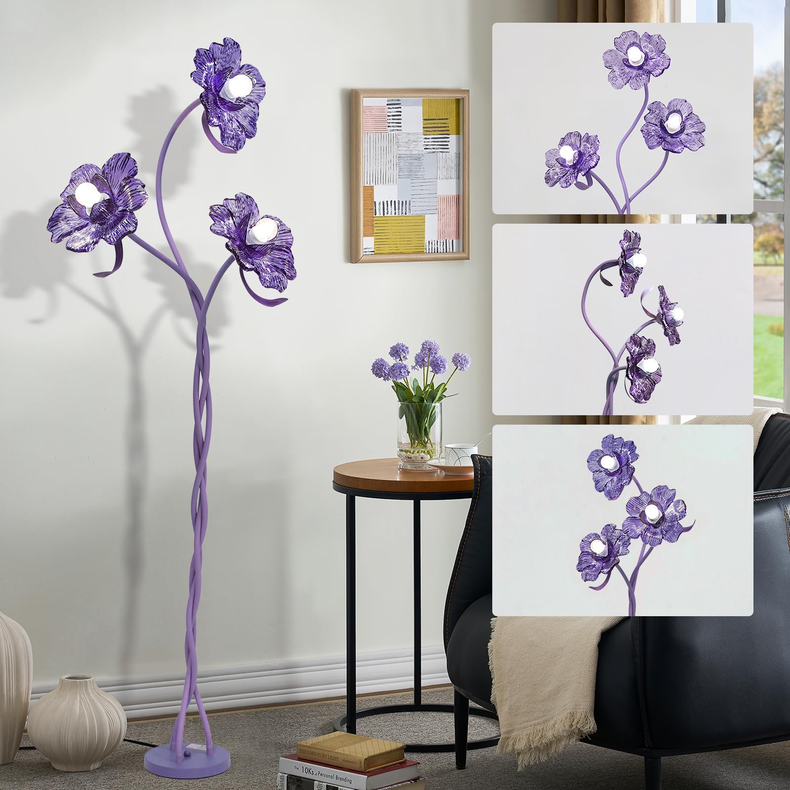 Vintage Flower Floor Lamp for Girls Bedroom, Cute 3 Heads Floor Reading Light with Flexible Gooseneck, 3 Colors Crabapple Flowe
