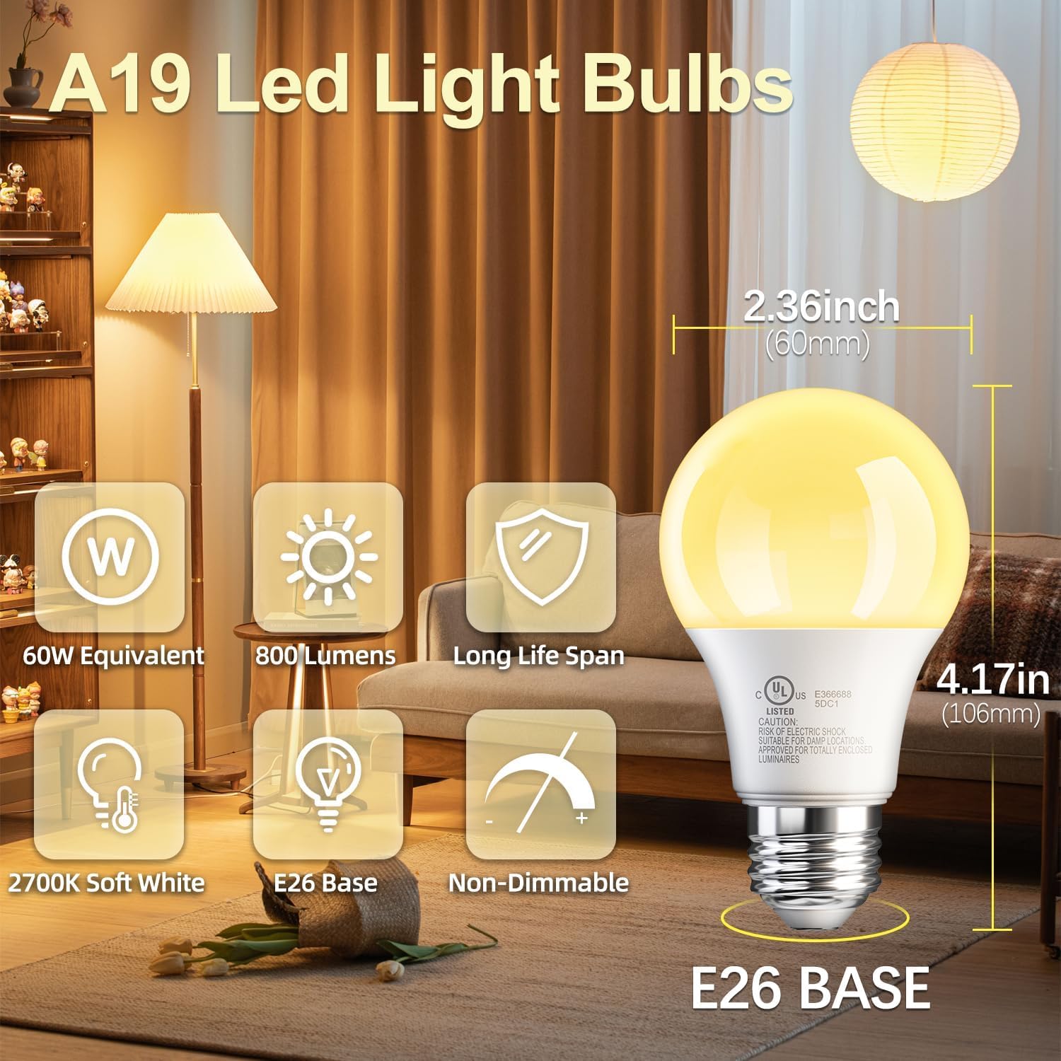 Tjoy 50 Pack A19 Led Light Bulbs, 60 Watt Equivalent Led Bulb, Efficient 9W, Soft White 2700K, E26 Standard Base, Energy Saving Warm Light Bulb, 800Lm, 80 Cri, 120V, Ul Listed, Non Dimmable