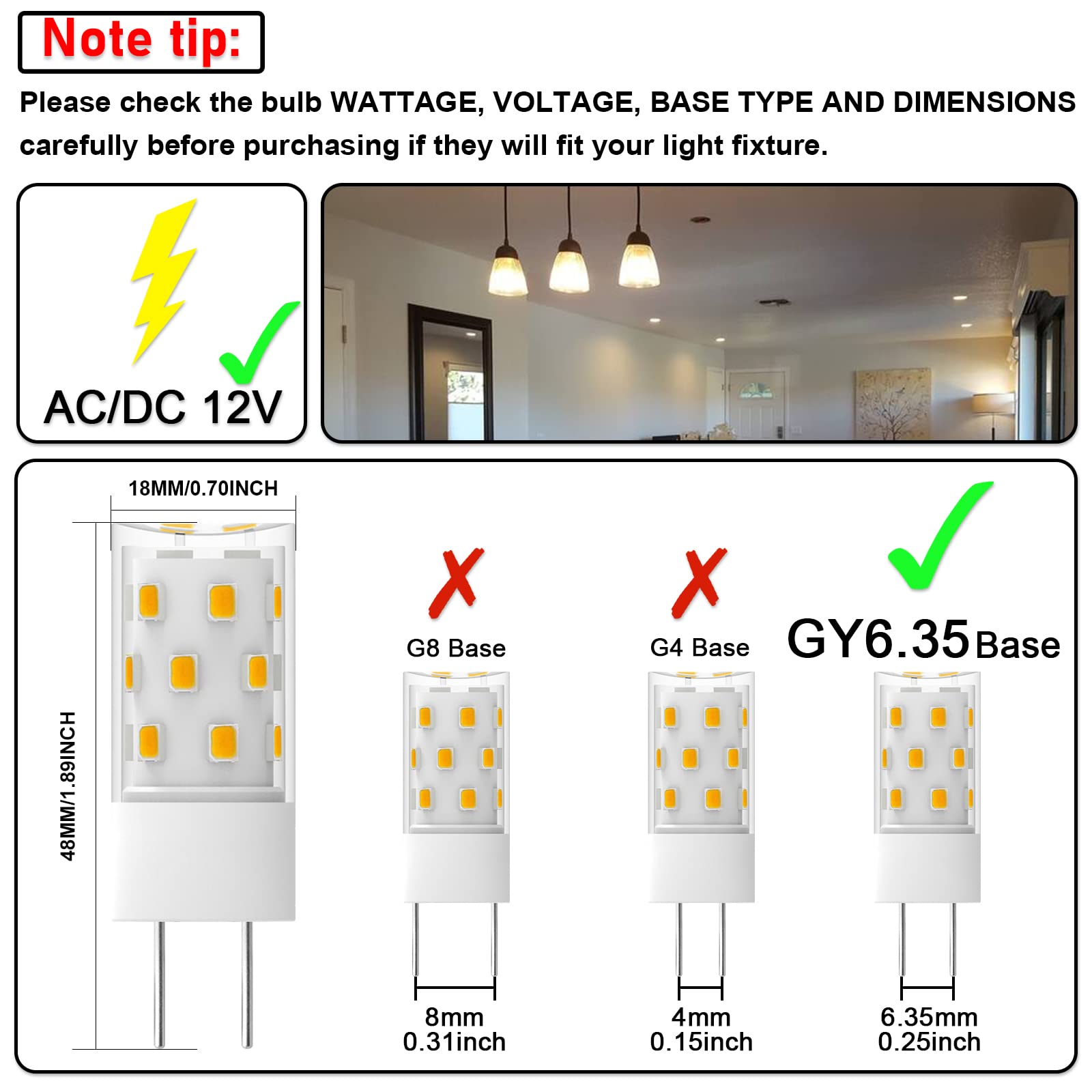 Taiyaloo Gy6.35 Led Bulb 5W Equivalent To 50W Bi-Pin Base Halogen Bulb, Ac/Dc 12V Warm White 3000K For Pendant Light, Chandelier