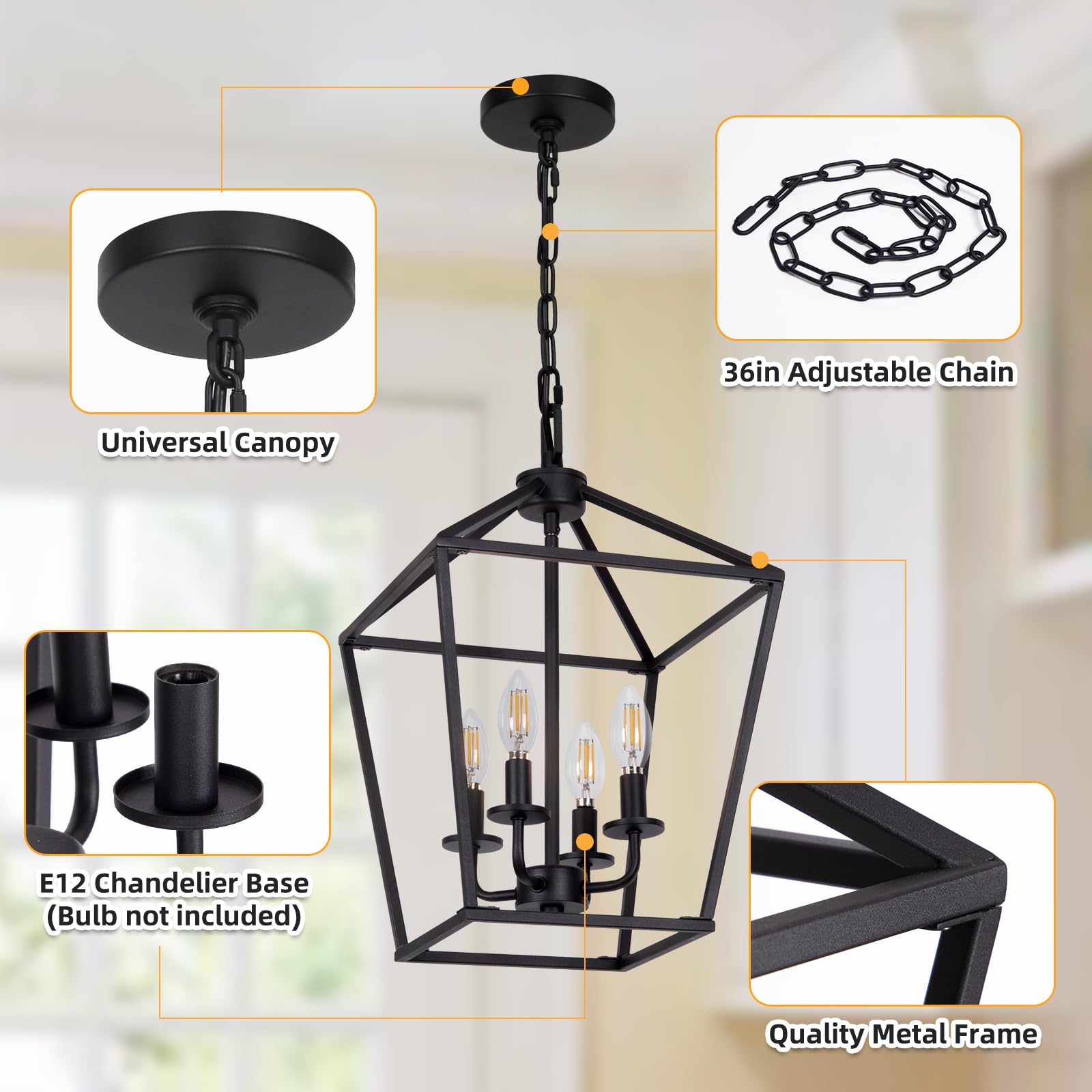 Seaside Village 4 Light Pendant - Industrial Black Lantern Chandelier, Metal Cage, Adjustable Height for Kitchen, Bedroom, or Entryway