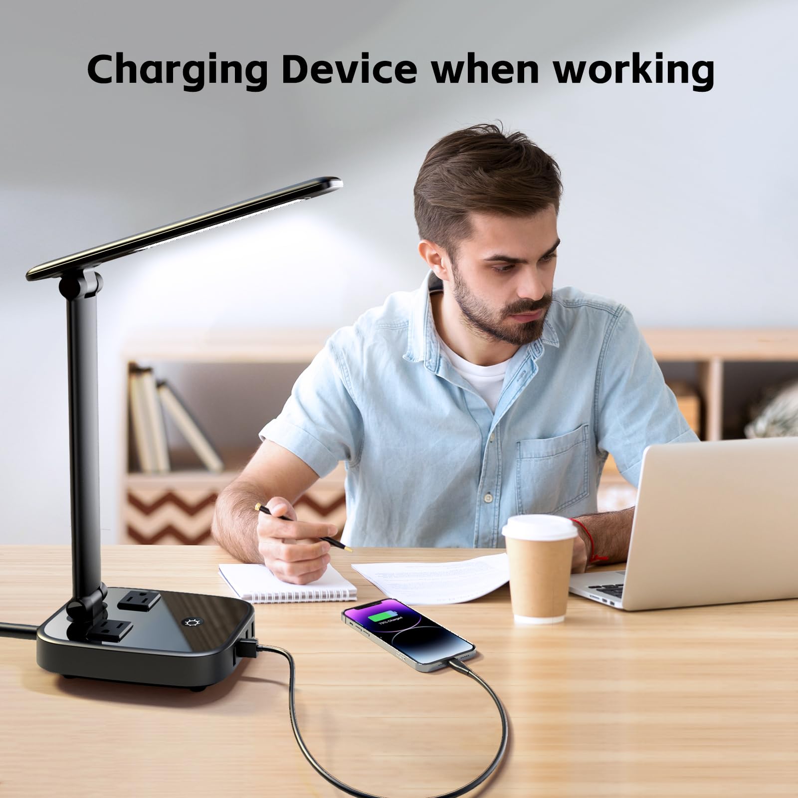 Yostyle LED Desk Lamp with 4 USB Ports, 2 AC Outlets, Touch Control, Black, Model SPMKJ-07