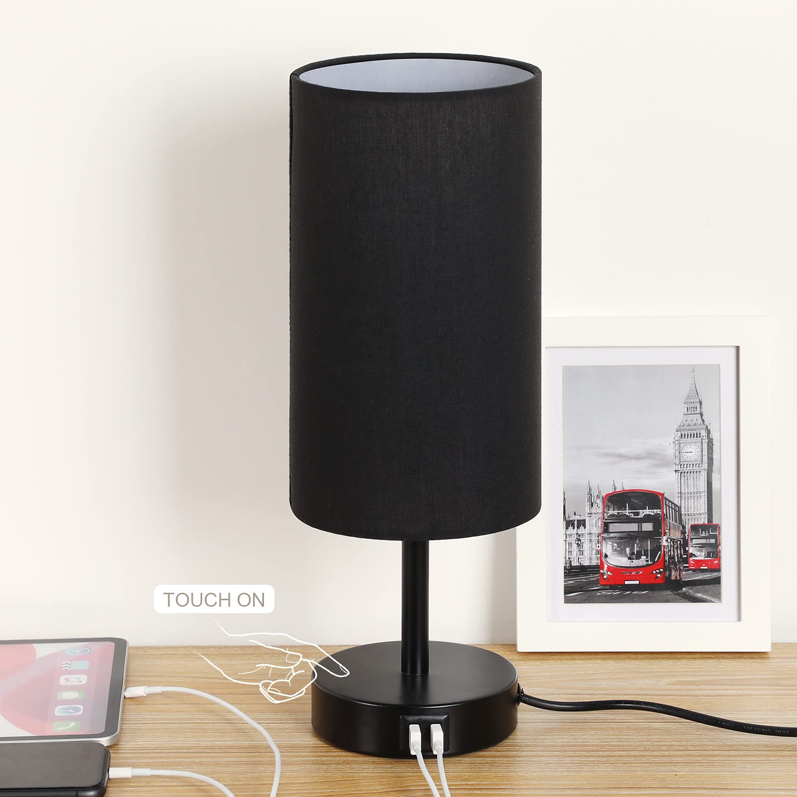 Yarra-Decor Bedside Lamp With Usb Port - Touch Control Table Lamp For Bedroom 3 Way Dimmable Nightstand Lamp With Round Black Fa