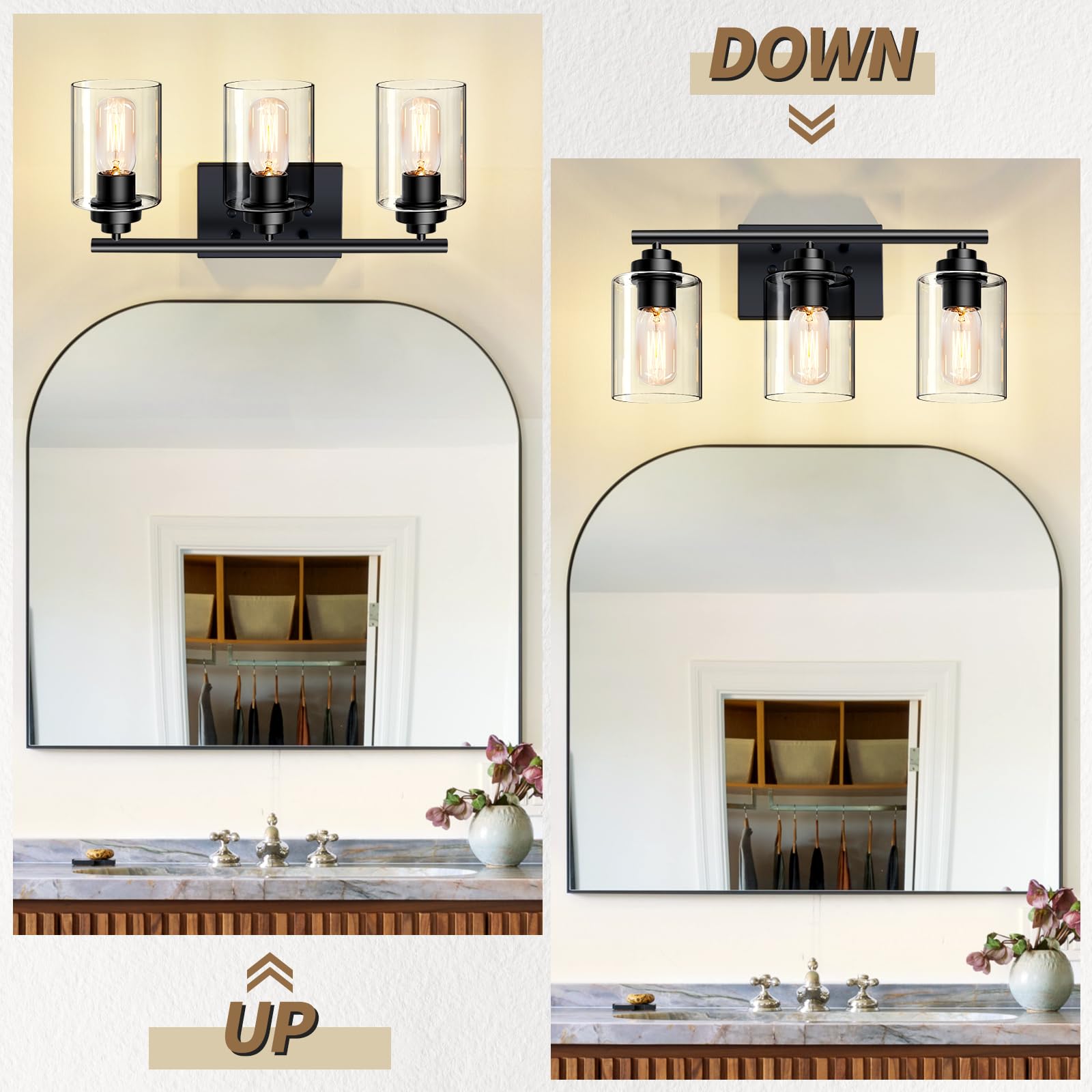 Bathroom Vanity Light Over Mirror,Vanity Light For Bathroom,Bathroom Light Fixture Wall Sconce Lighting For Bedroom,Living Room (Black, 3-Light)