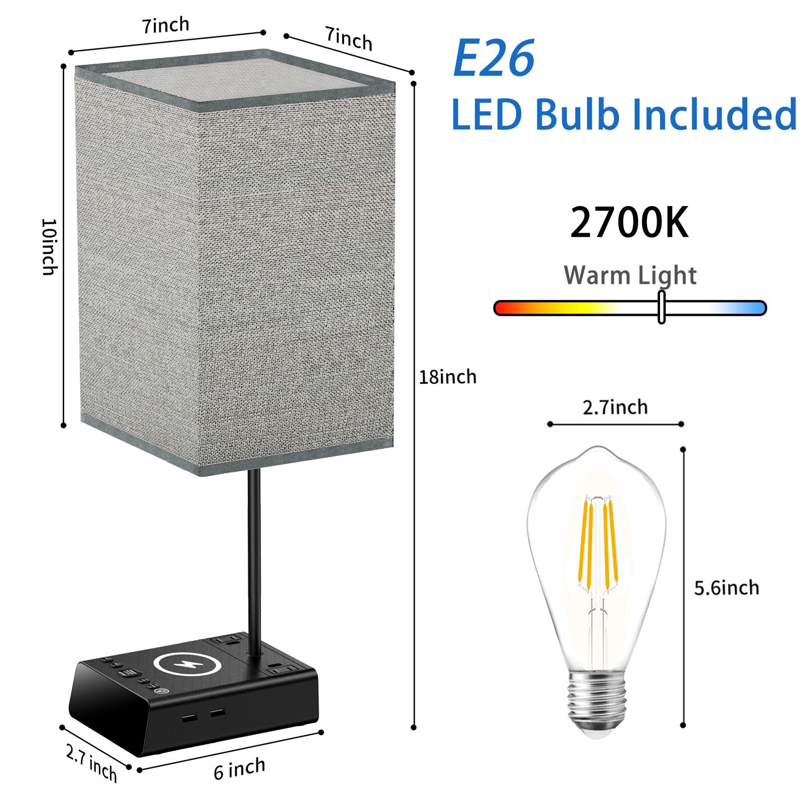 Bedside Lamp With Usb Ports & Ac Outlets, 15W Wireless Charger Table Lamp With Clock, 3 Way Dimmable Nightstand Lamps For Bedroom Living Room,Touch Lamp With Charging Station,Grey Shade & Black Base