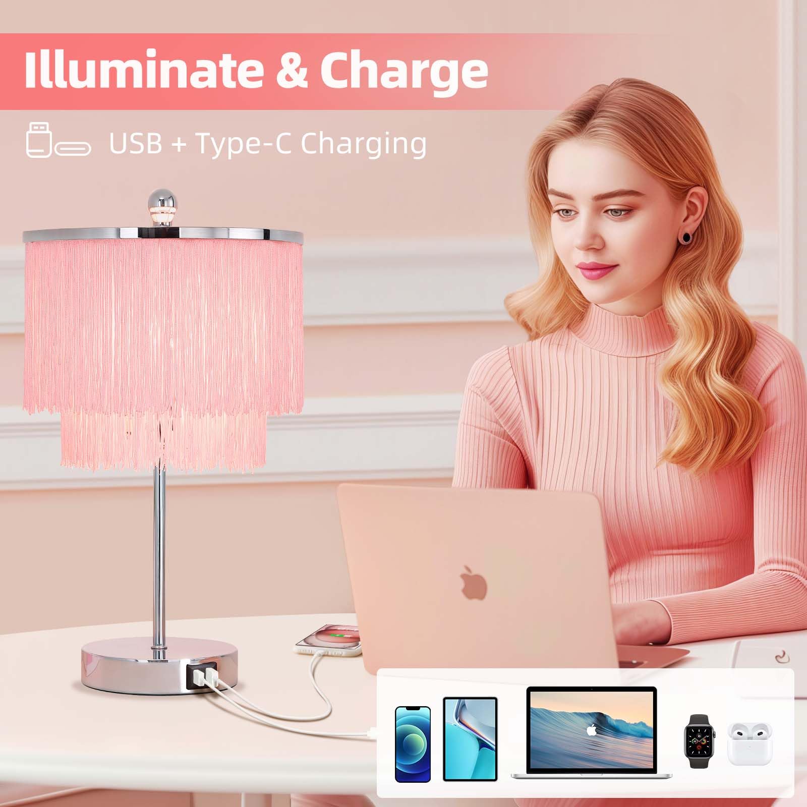 Pink Lamp For Girls Room, 3-Way Dimmable Touch Lamps With Usb Port, Girls Lamp With Tassel Lampshade, Pink Table Lamp For Bedroo