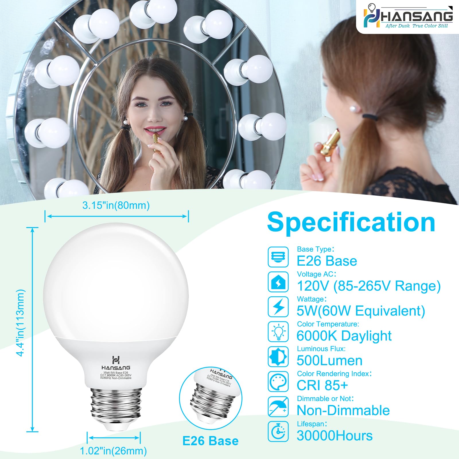 Hansang 8 Pack G25 Led Vanity Light Bulbs, 6000K Cool Daylight, Globe Light Bulb 60W Incandescent Equivalent, 5W Round Light Bul