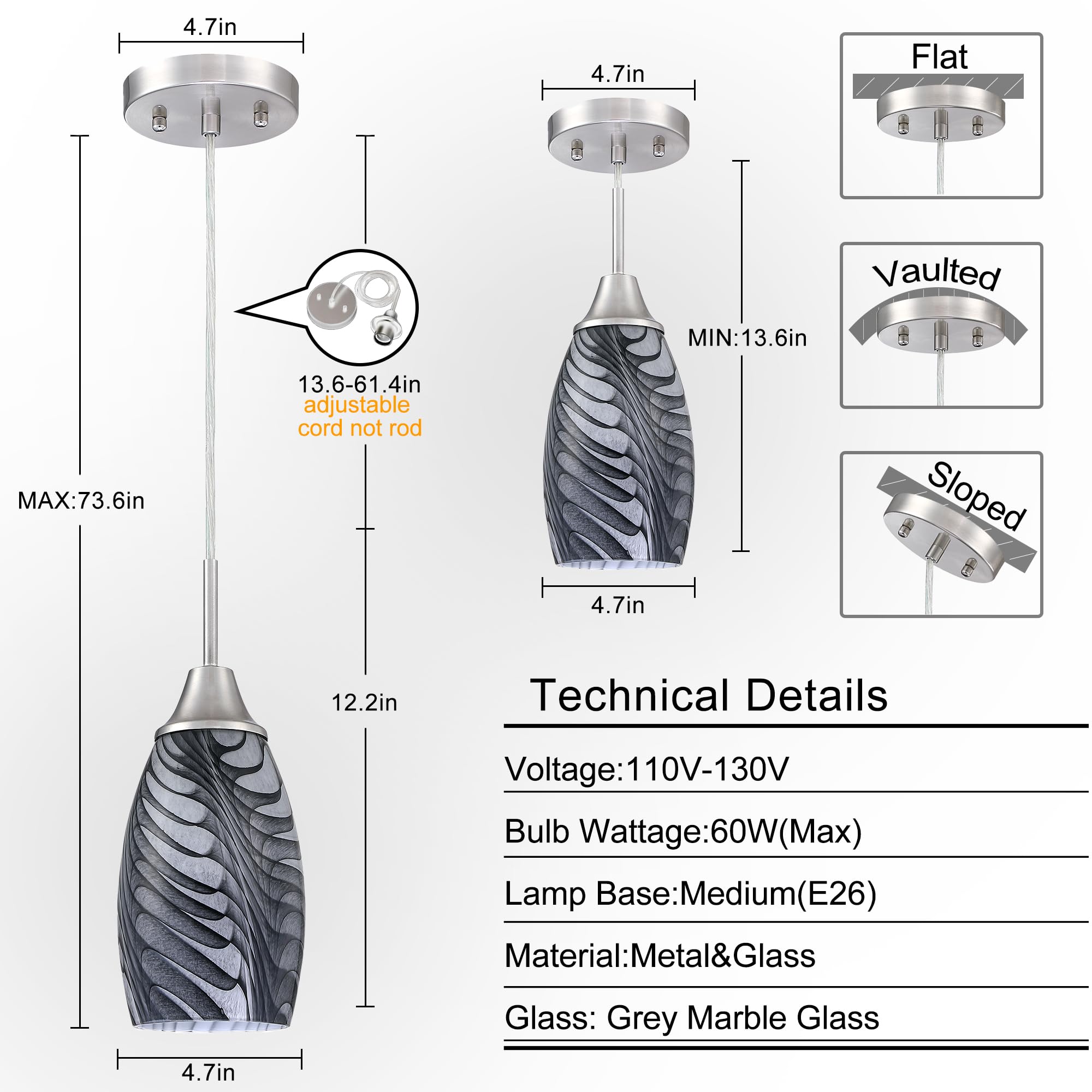 Viinew Mini Glass Pendant Light 3-Pack With Handblown Black Gray Marble Art Oval Glass Lamp Ceiling Hanging Light,For Dining Roo