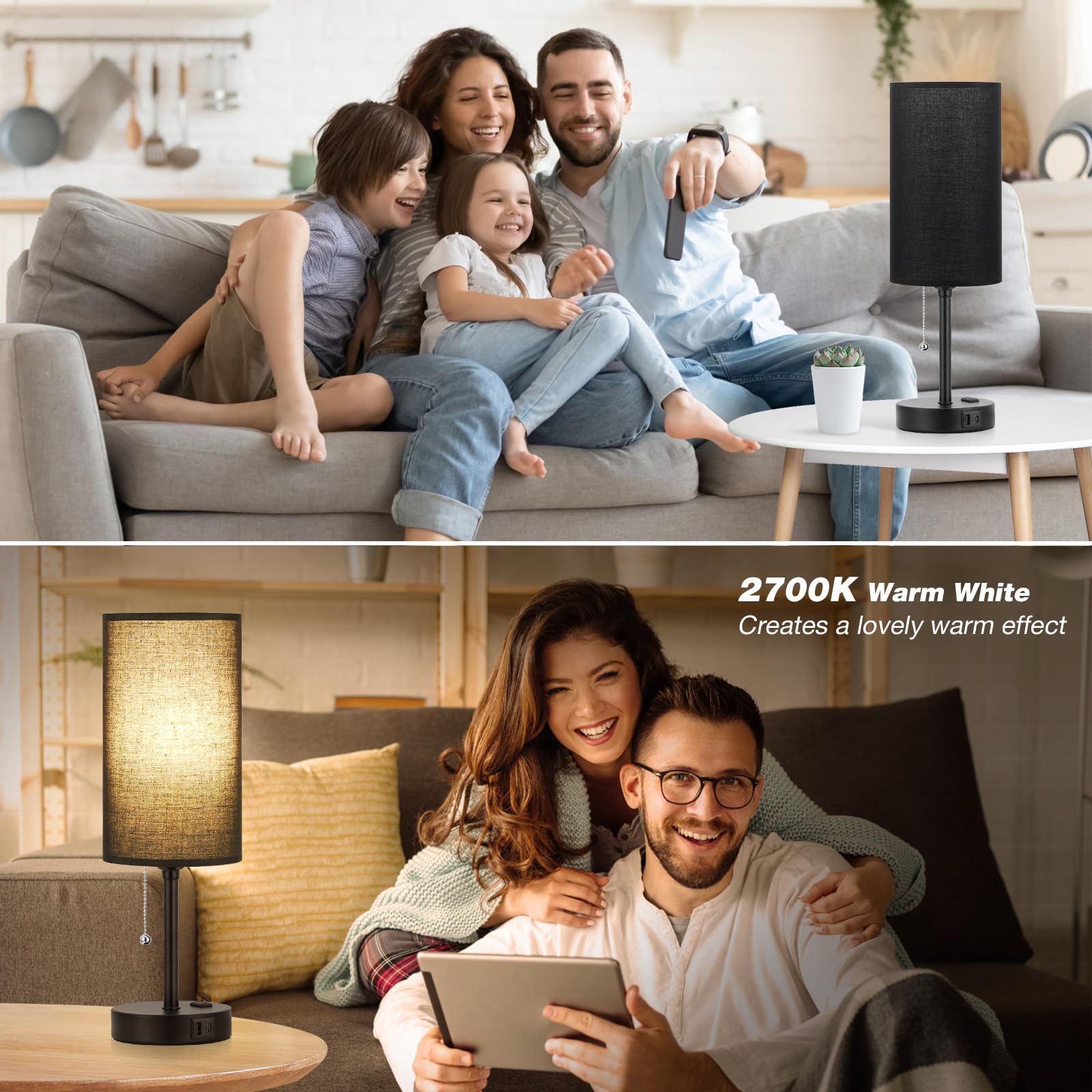 Dicoool 17 Black Bedroom Lamp with USB Ports & 3 Color Temperatures - Stylish Nightstand Light for Living Room & Bedside Use