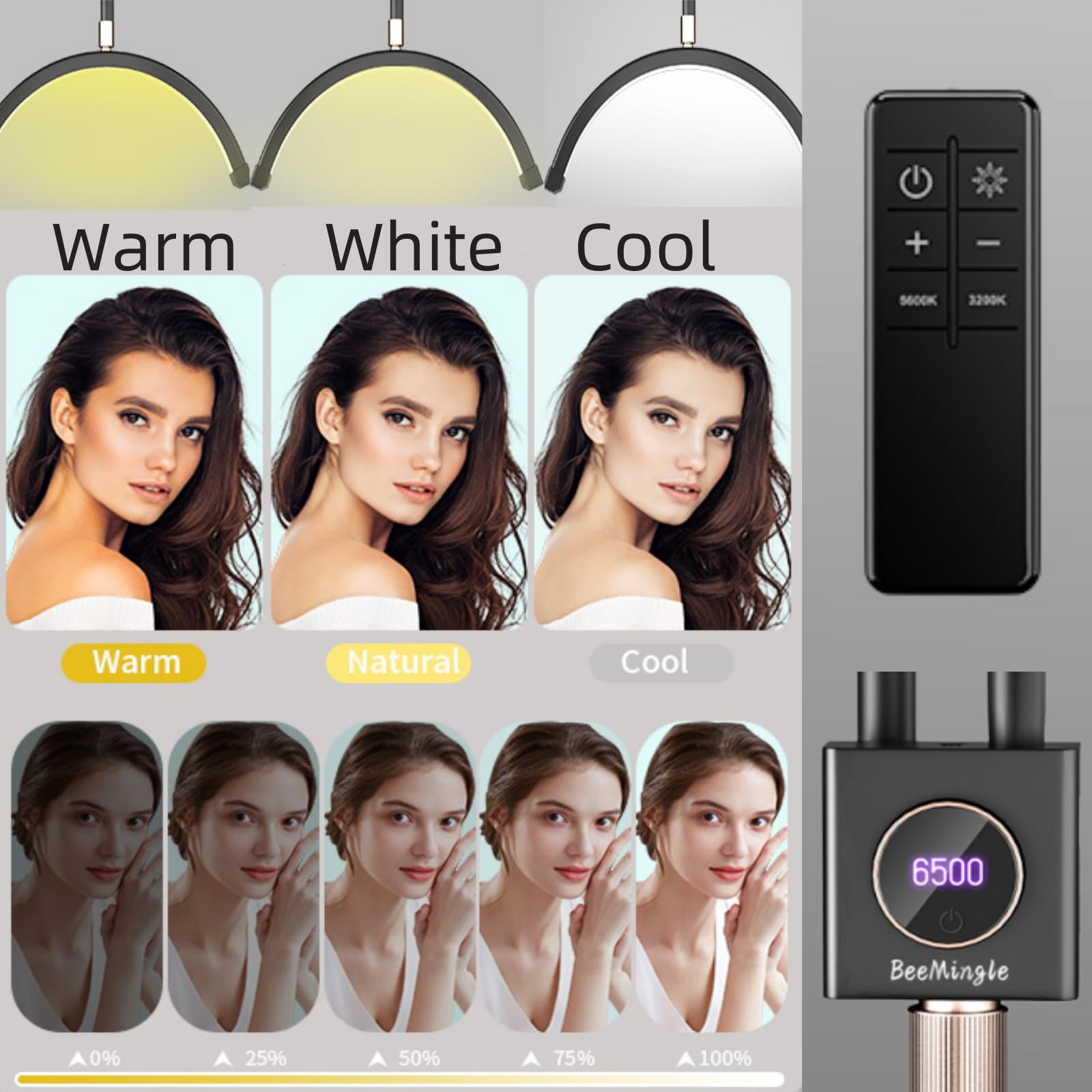 BeeMingle 3-in-1 Half Moon Lash Light, Adjustable Height & Brightness, UV Lamp & Phone Holder, Black, Model CS-X209