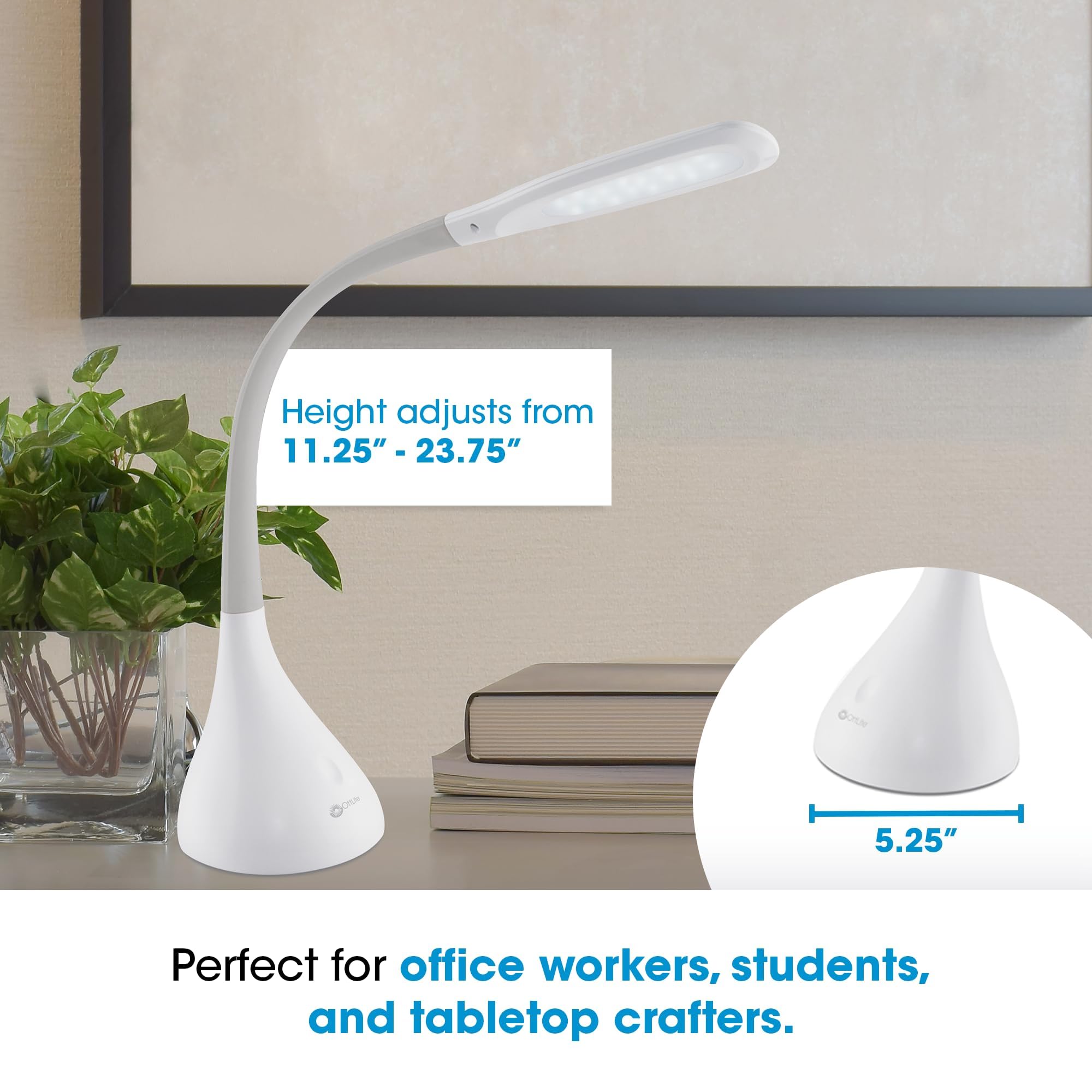 Ottlite Led Desk Lamp With Adjustable Neck, Creative Curves (White/Grey) - 2.1A Usb Charging Port, 4 Dimmable Brightness Setting