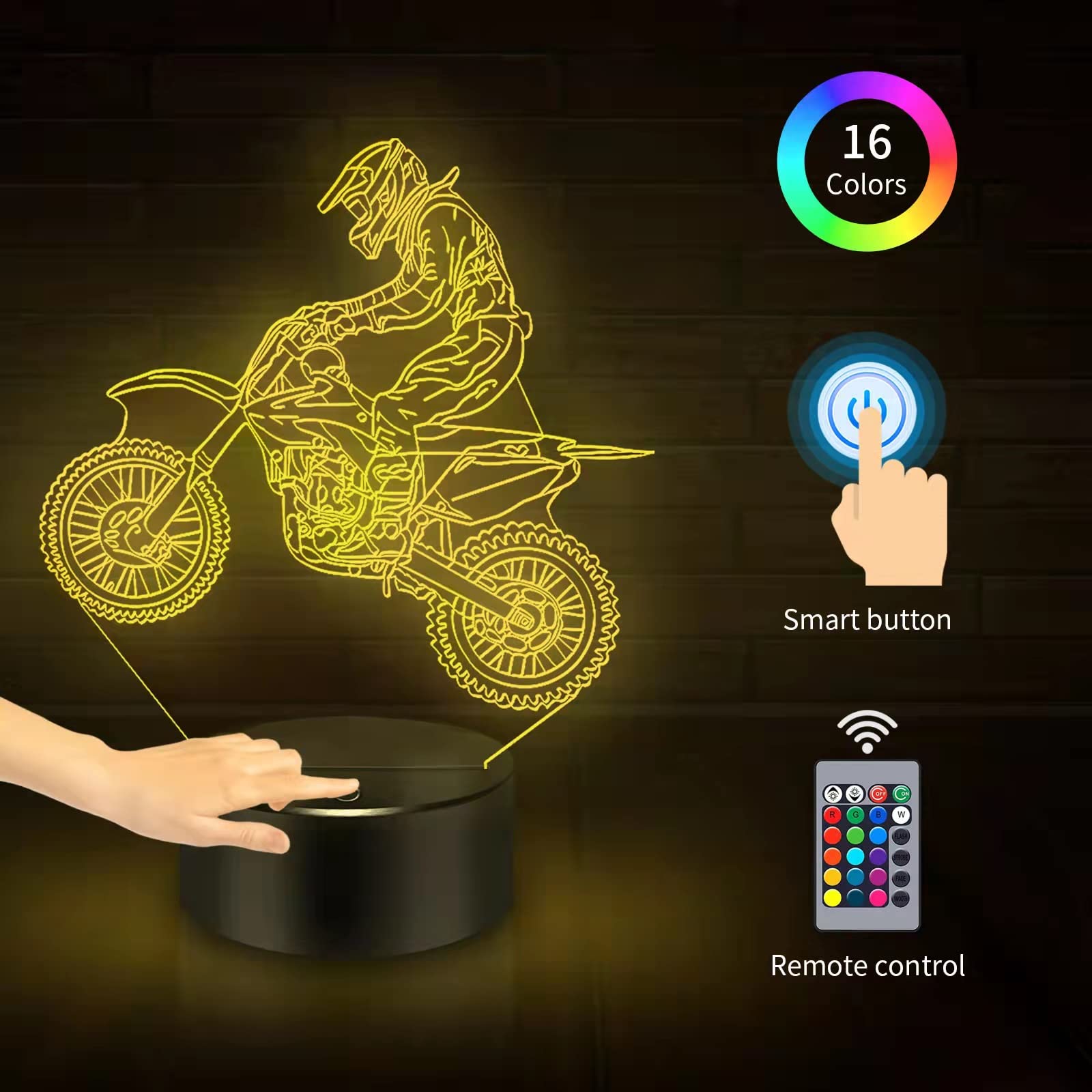 BASSI 3D Night Light Motorcycle Lamp, Remote Control, 16 Colors, Acrylic, Dirt Bike Decor for Kids, Model bassi-1029