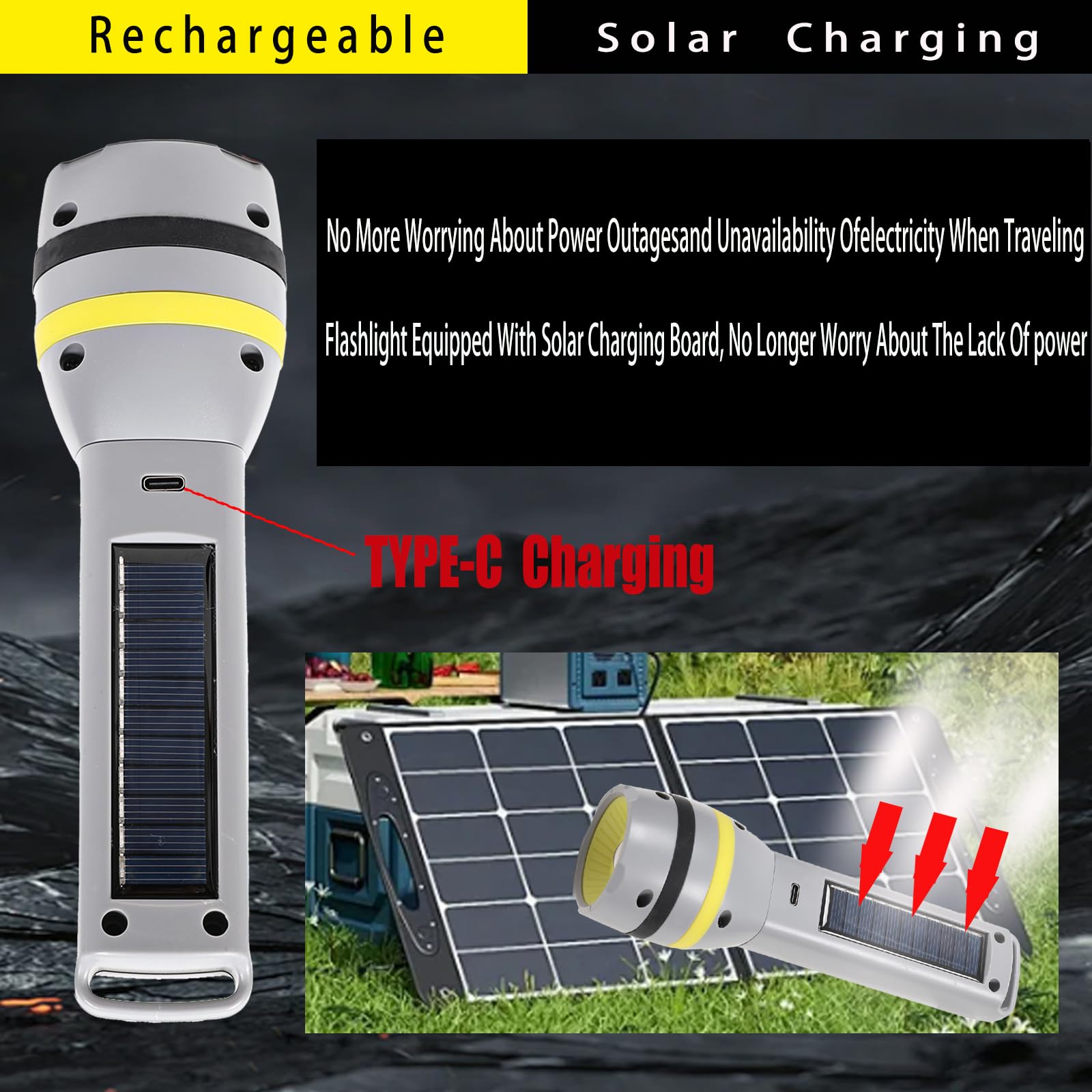 2 Pack Solar Flashlight, Rechargeable Led Flashlight, 500 Lumens Led Solar Powered Flashlights With Digital Display 1200Mah Batt