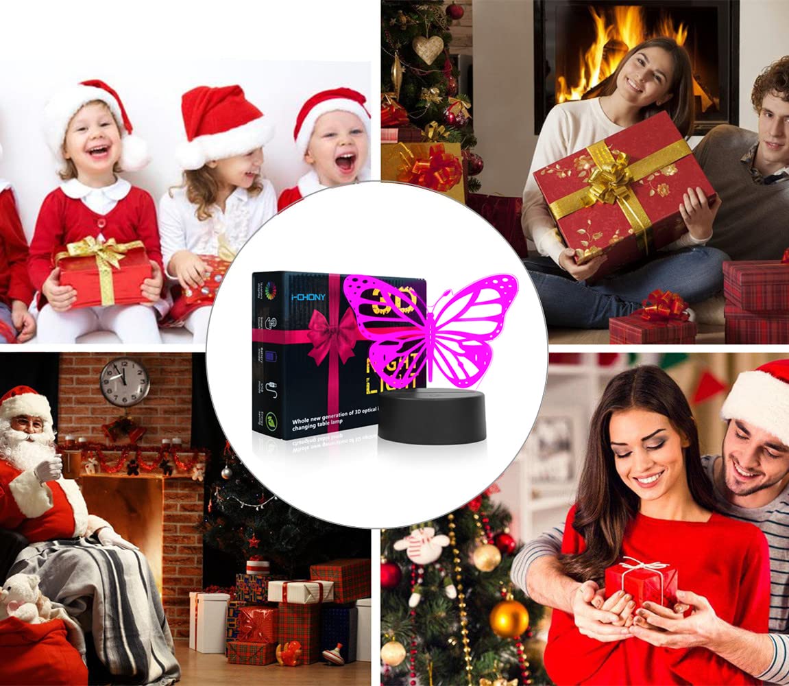 i-CHONY Butterfly 3D Night Light Lamp with Remote Control, 7 Colors, USB Powered, Model ch-59156, Perfect Birthday Gift for Women and Teens