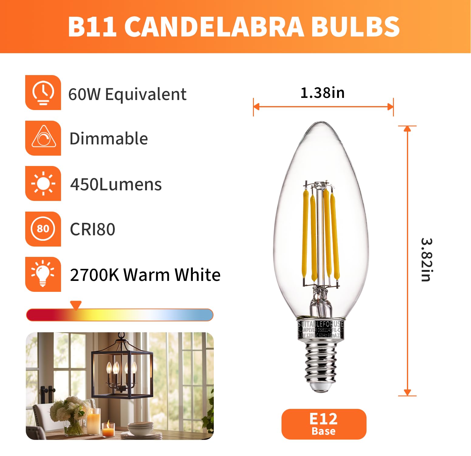 Alampever Chandelier Light Bulbs, 60W Equivalent Candelabra Bulb, E12 Led Bulb 2700K Soft White, 450Lm, Candle Light Bulbs 6 Pac