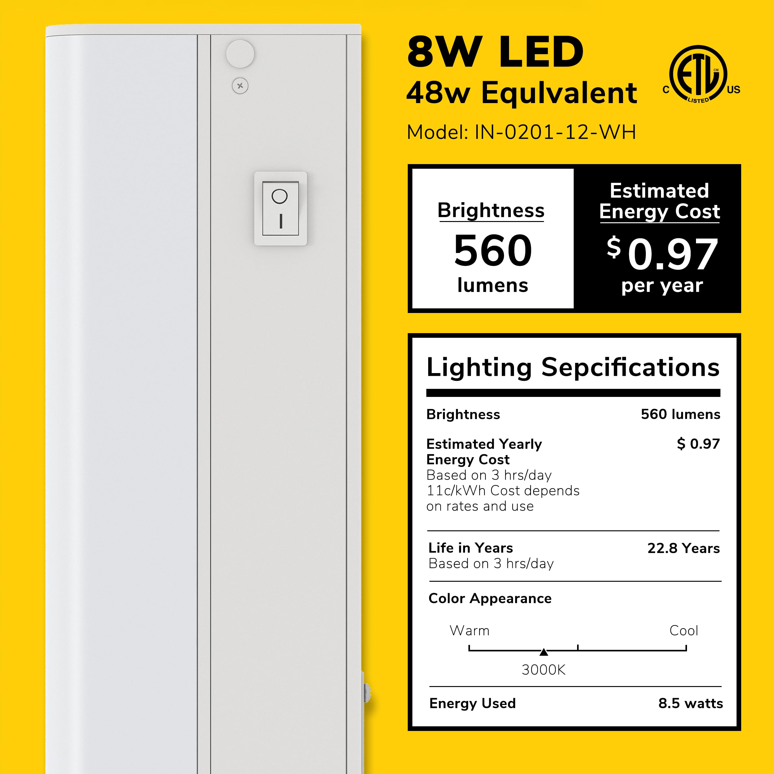 Getinlight 18-Inch Hardwired Only Led Under Cabinet Lighting, Soft White(3000K), Dimmable, Matte White Finished, Etl Listed, In-