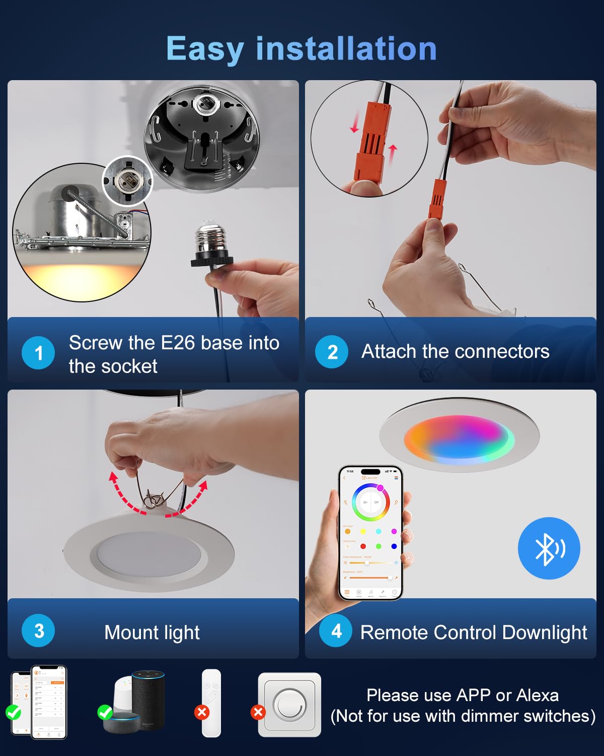 Varicart Smart Recessed Lighting 6 Inch  Rgbcw Color Changing Smart Can Light Bluetooth Connect  Flicker Free  13W 1300Lm  Dimmable Retrofit Downlight Works With Alexa Voice & App Control  12 Pack