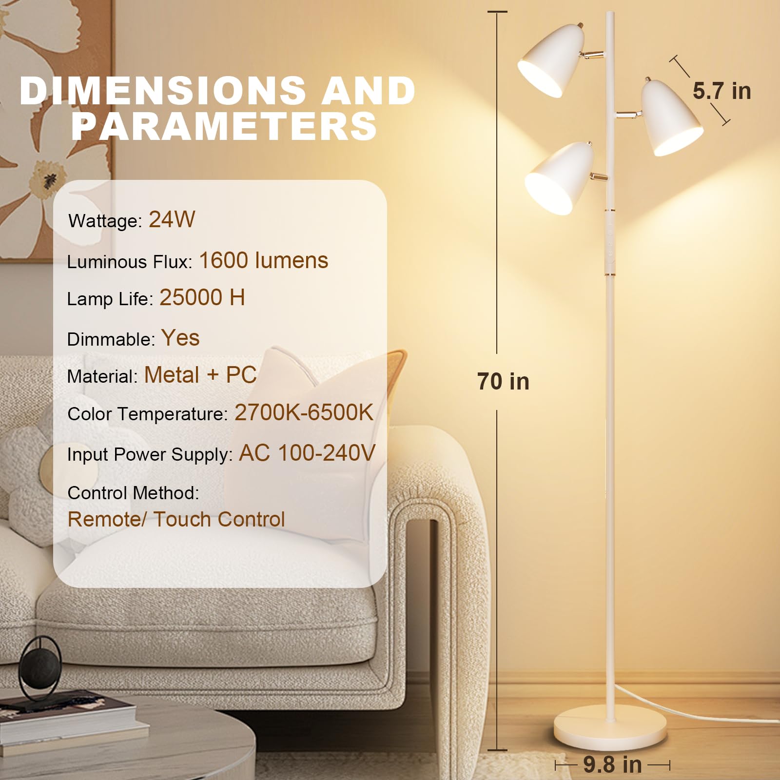 QiMH LED Floor Lamp, Modern Dimmable Standing Lamp, 4 Color Temperatures, Remote & Touch Control, White, Model FLA-036-A3