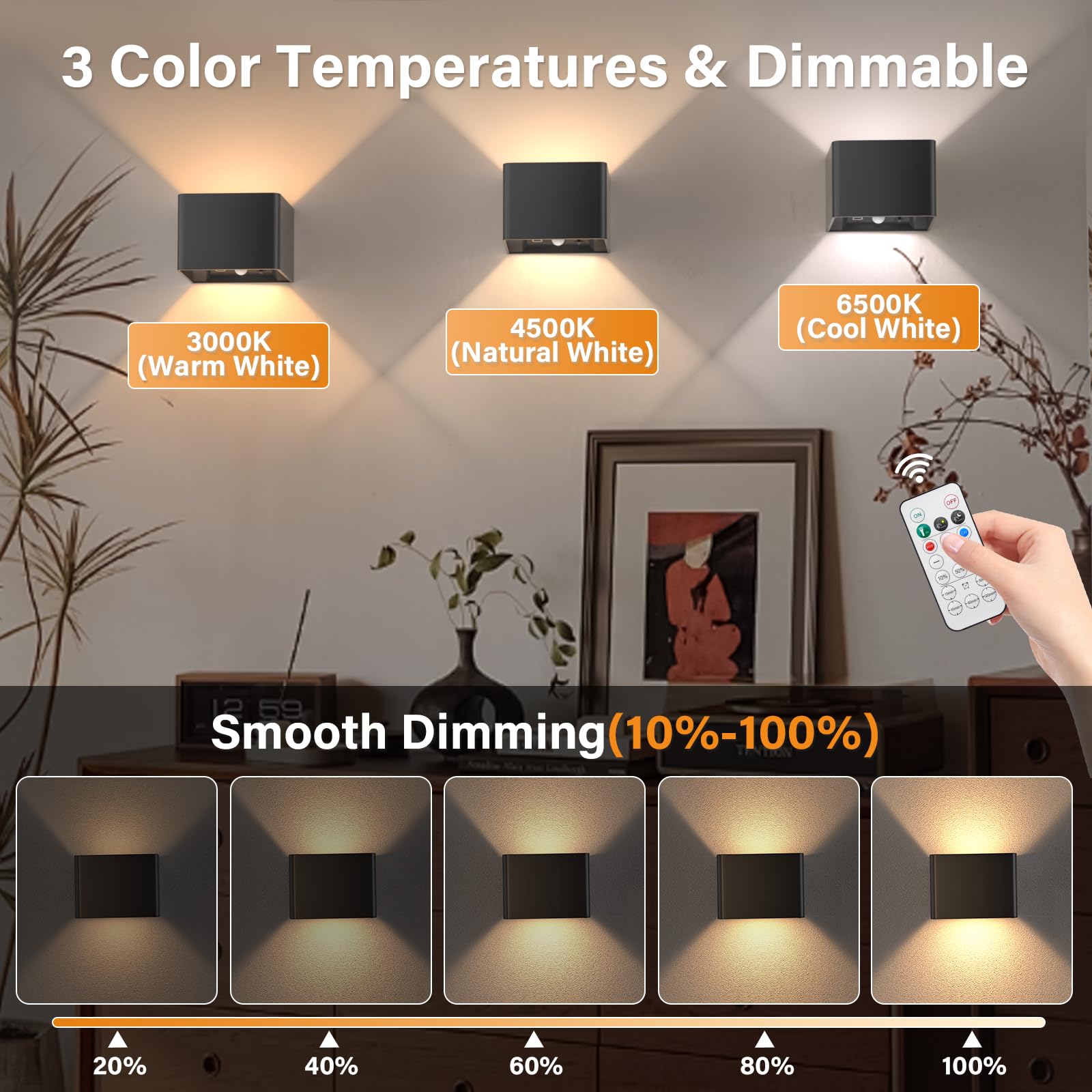 DUMILOO Motion Sensor Wall Light, Rechargeable, Dimmable, 3 Colors, Indoor LED Sconce for Living Room, Bedroom, Stair
