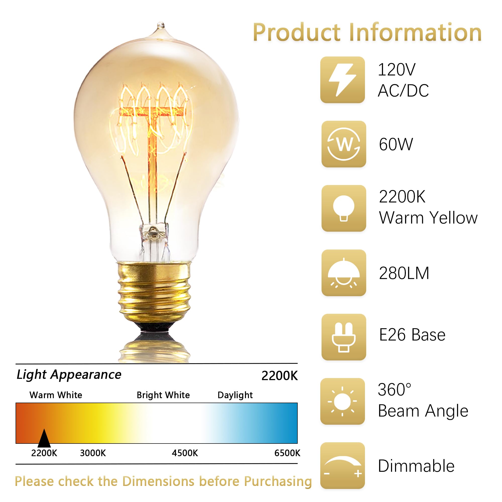 Figame A19 Edison Bulb Pack 6, 60W 120V Dimmable 2200K Warm Yellow E26 Base, Antique Retro Style Old Style Incandescent Bulb, Am
