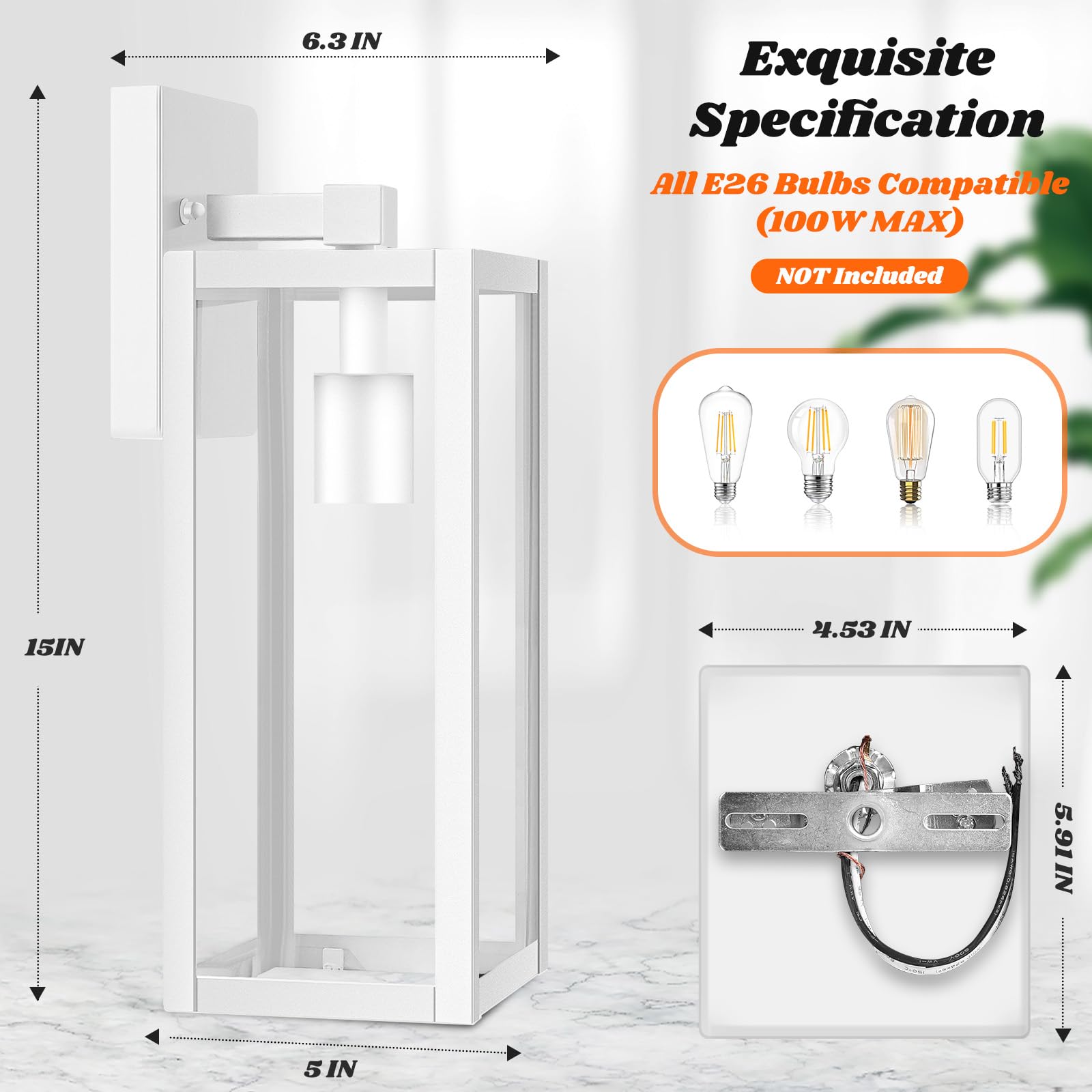 Brightever 2-Pack Outdoor Wall Light, Waterproof Exterior Lighting Fixtures, 15'' White Outdoor Sconce Lights With Clear Glass F