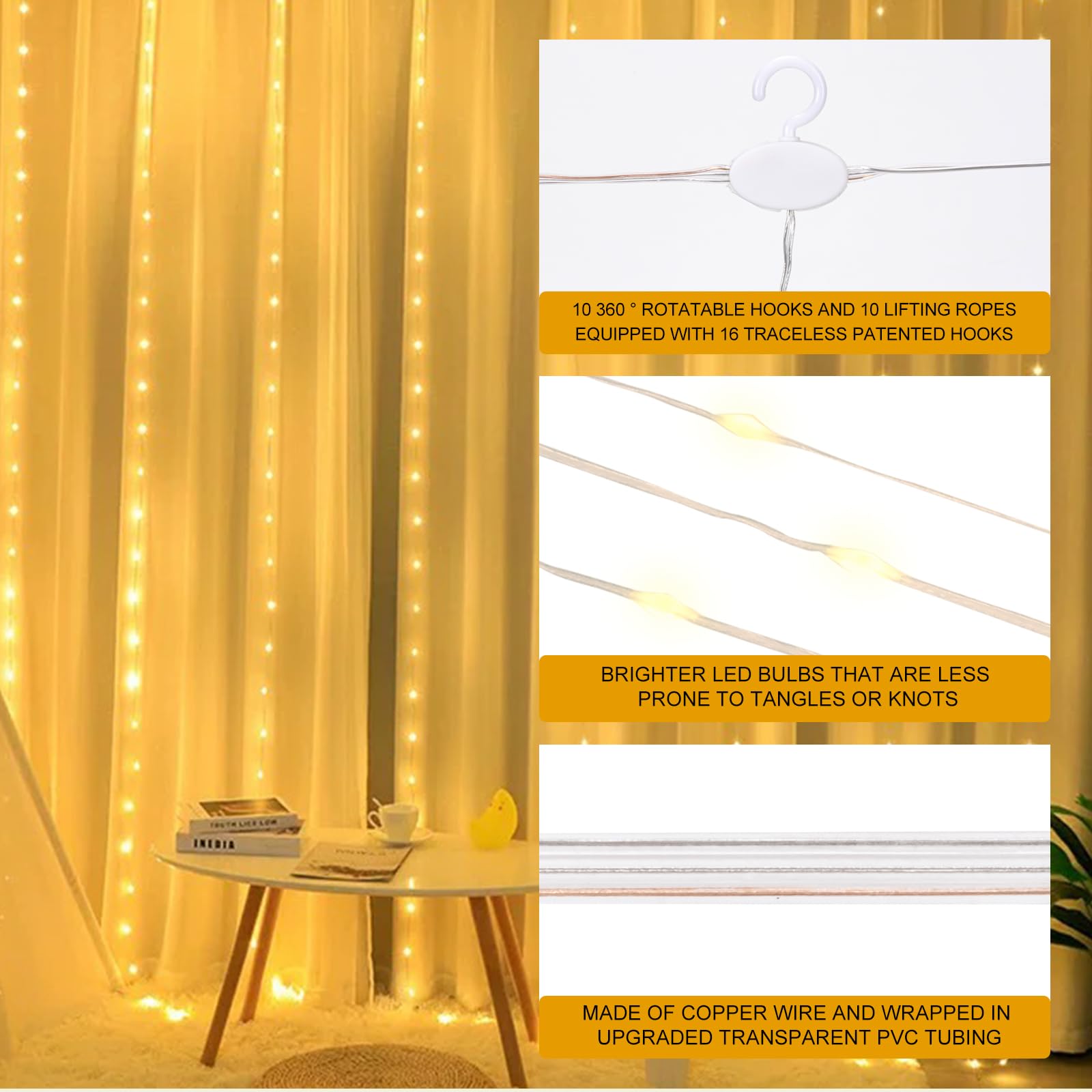 Sinamer Curtain Light With Upgrade Untangled Wires For Bedroom, 300Led 9.8Ft X 9.8Ft Window Fairy Curtain String Light With 16 Hooks, 8 Modes Remote For Wedding Party Home Indoor Decor, Warm White