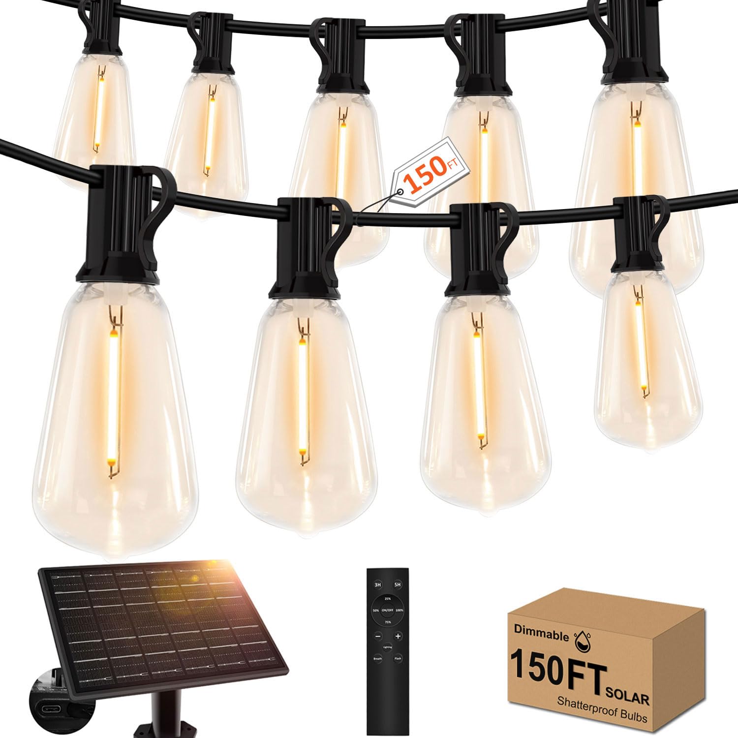 GHUSTAR 150ft Solar Outdoor String Lights with Remote - USB Rechargeable Solar Powered Outdoor Patio Lights - Timer, Dimmable Sh