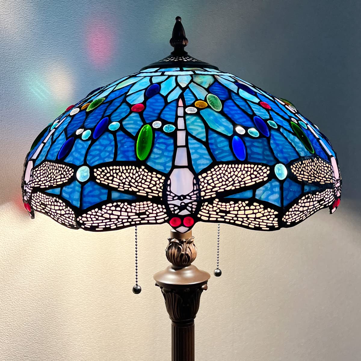 Capulina Tiffany Floor Lamp 2-Light 16'' Wide Stained Glass Dragonfly Antique Style Standing Reading Light for Living Room Bedro