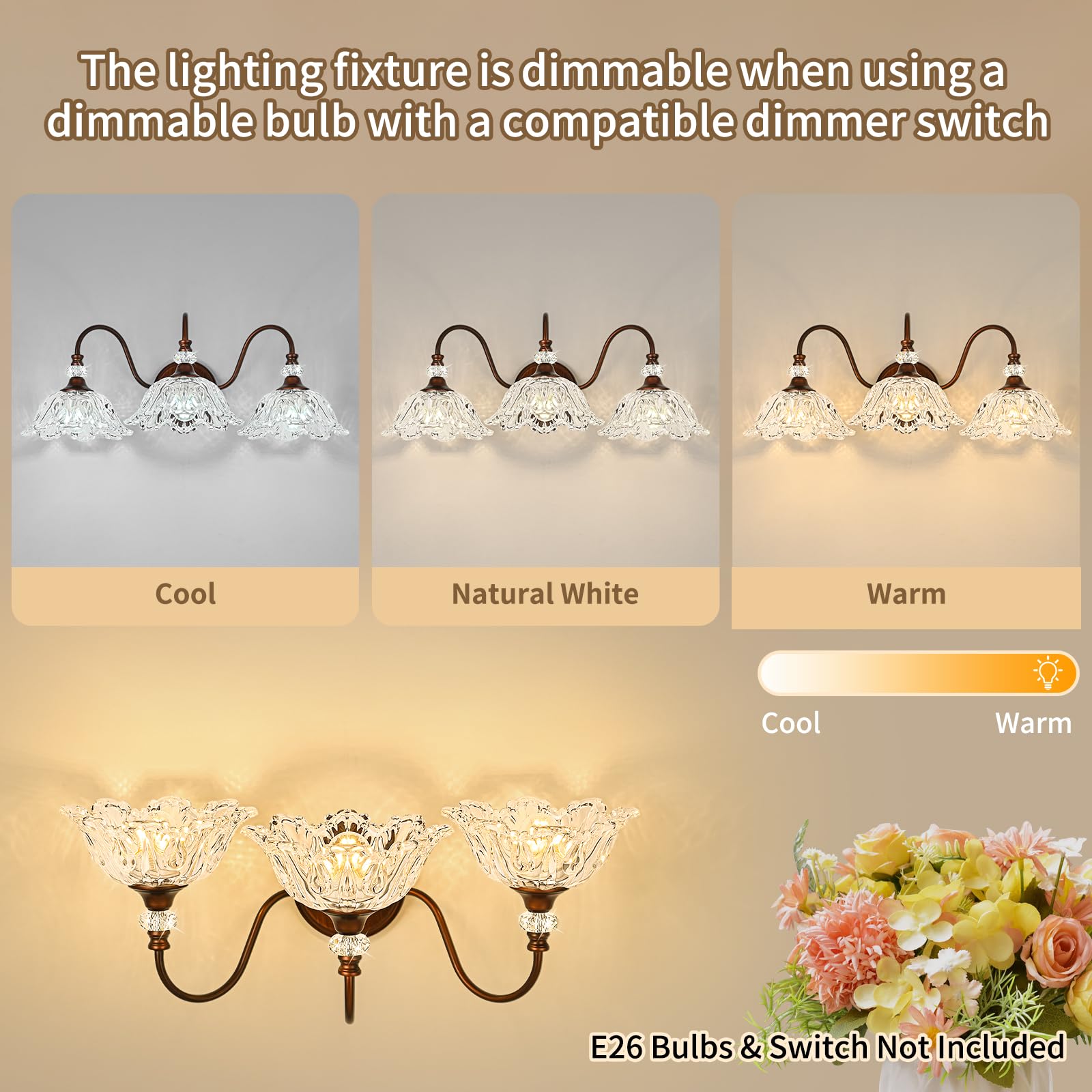 sunkryster 3-Light Vintage Bathroom Vanity Light, Oil-Rubbed Bronze with Floral Clear Glass Shades, Model Sun-104AB-3-ORB