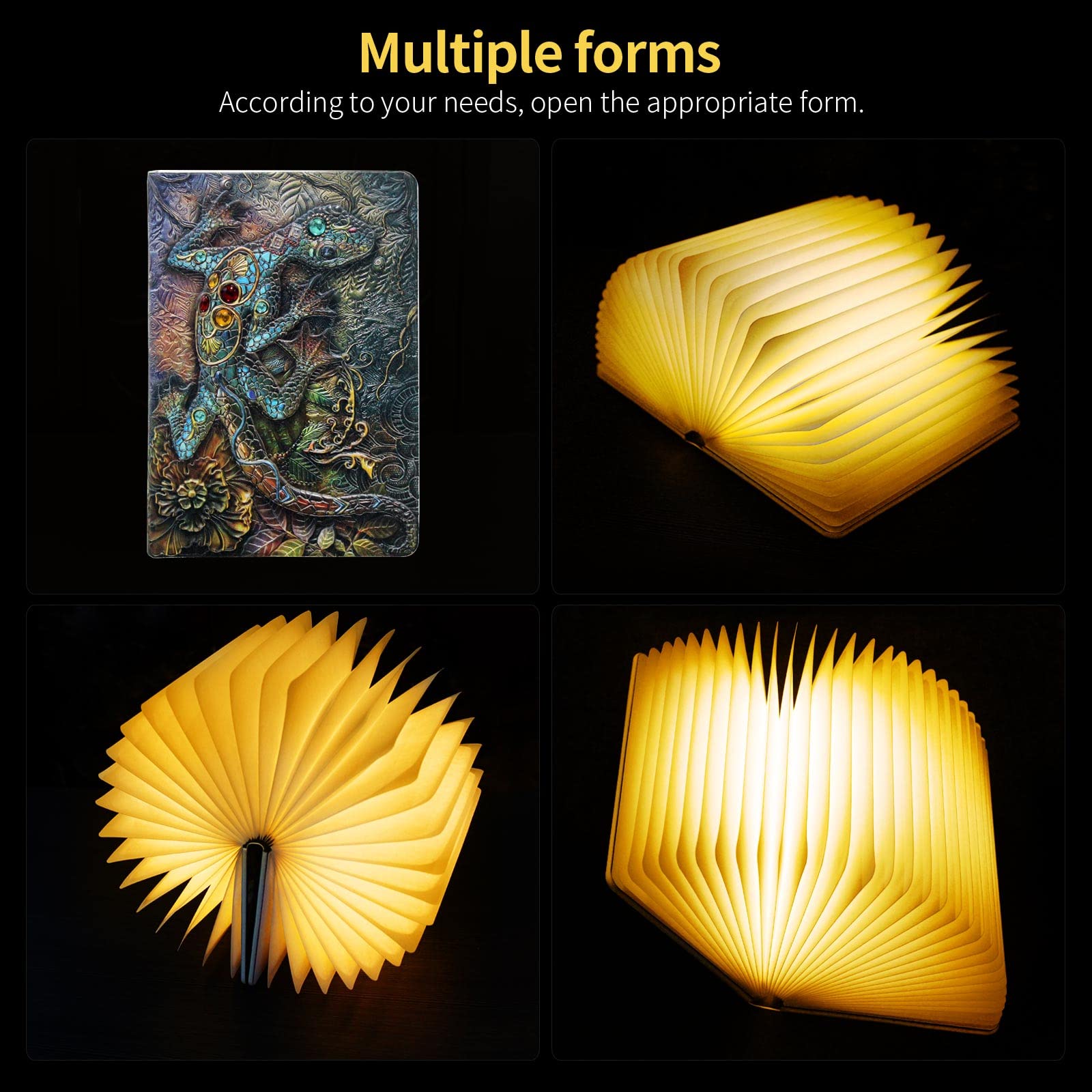 QXMGCBOK Folding Book Lamp - Rechargeable Color Changing Lizard Embossed Mood Light, Large Size, White/Warm Yellow/Purple