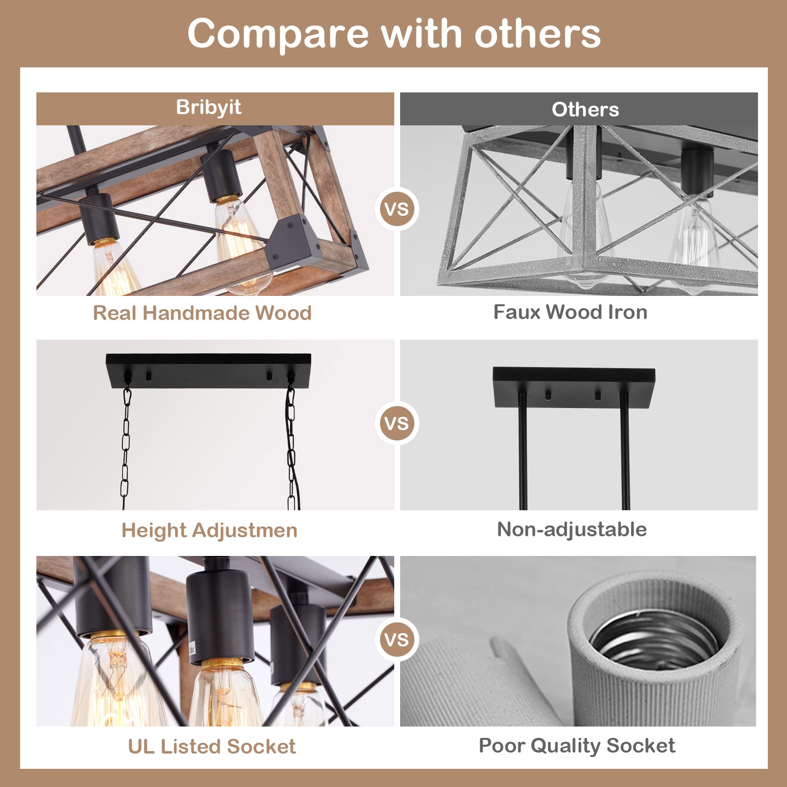 Bribyit 5-Light Farmhouse Kitchen Island Chandelier - Brown Wood Dining Room Fixture