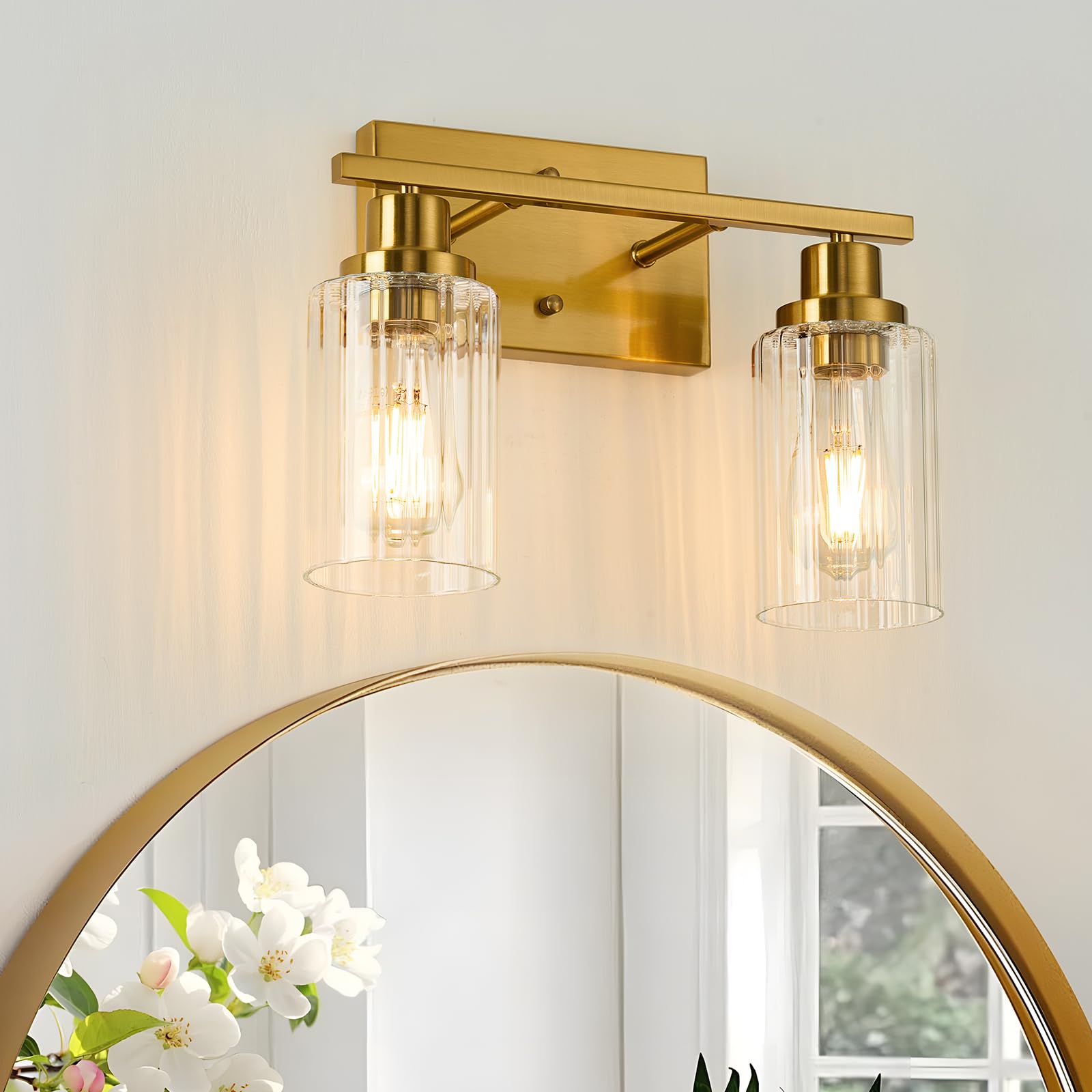 Jonsi Gold Bathroom Light Fixtures, 2 Light Brushed Gold Bathroom Vanity Lights With Fluted Glass Shade, Modern Gold Bathroom Lights Over Mirror, Vanity Lighting Fixtures, X003W-2Agb