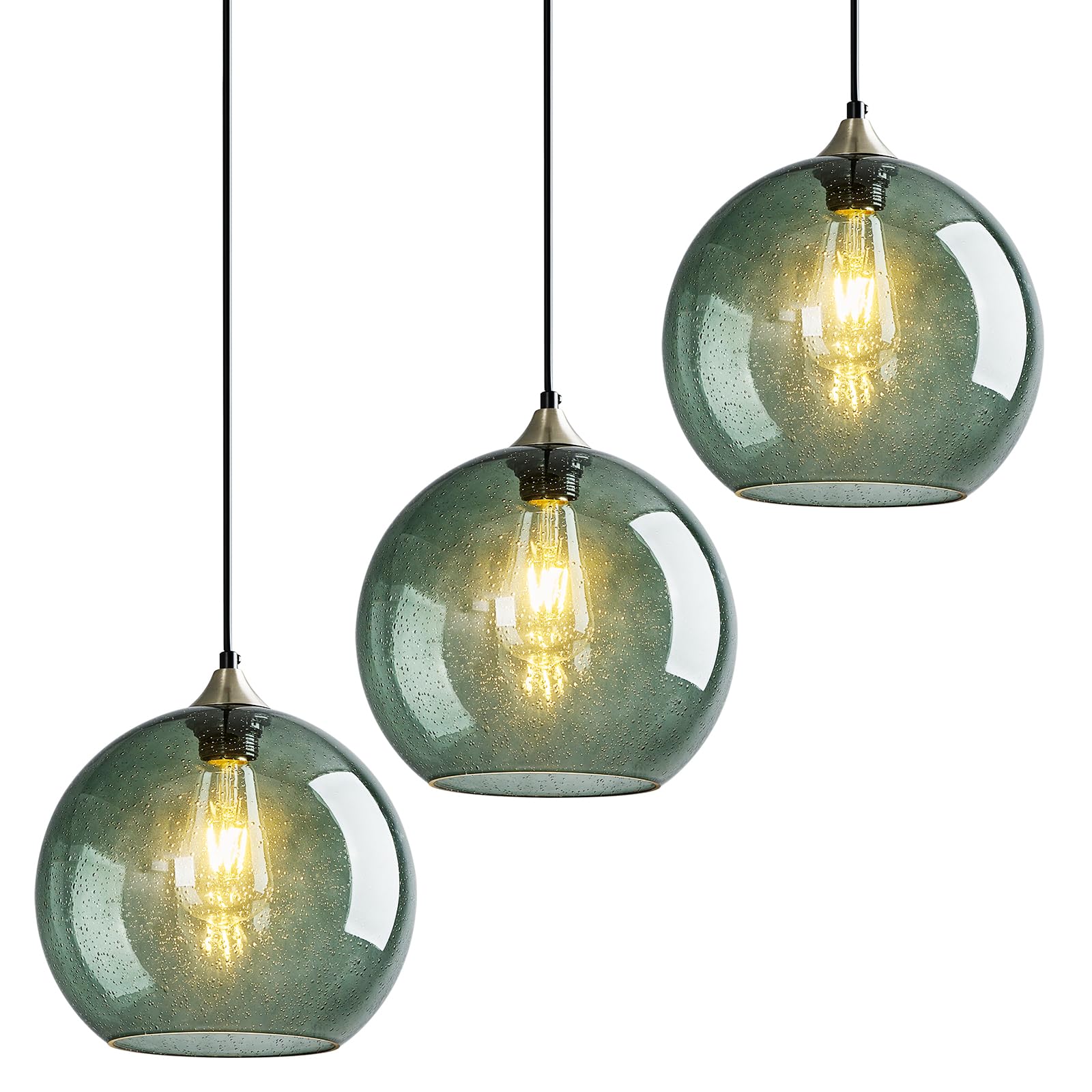LBSQJ Glass Pendant Lights, 9.84in, Gray Green, 3-Pack, Modern Lighting for Kitchen Island, Bedroom, Living Room