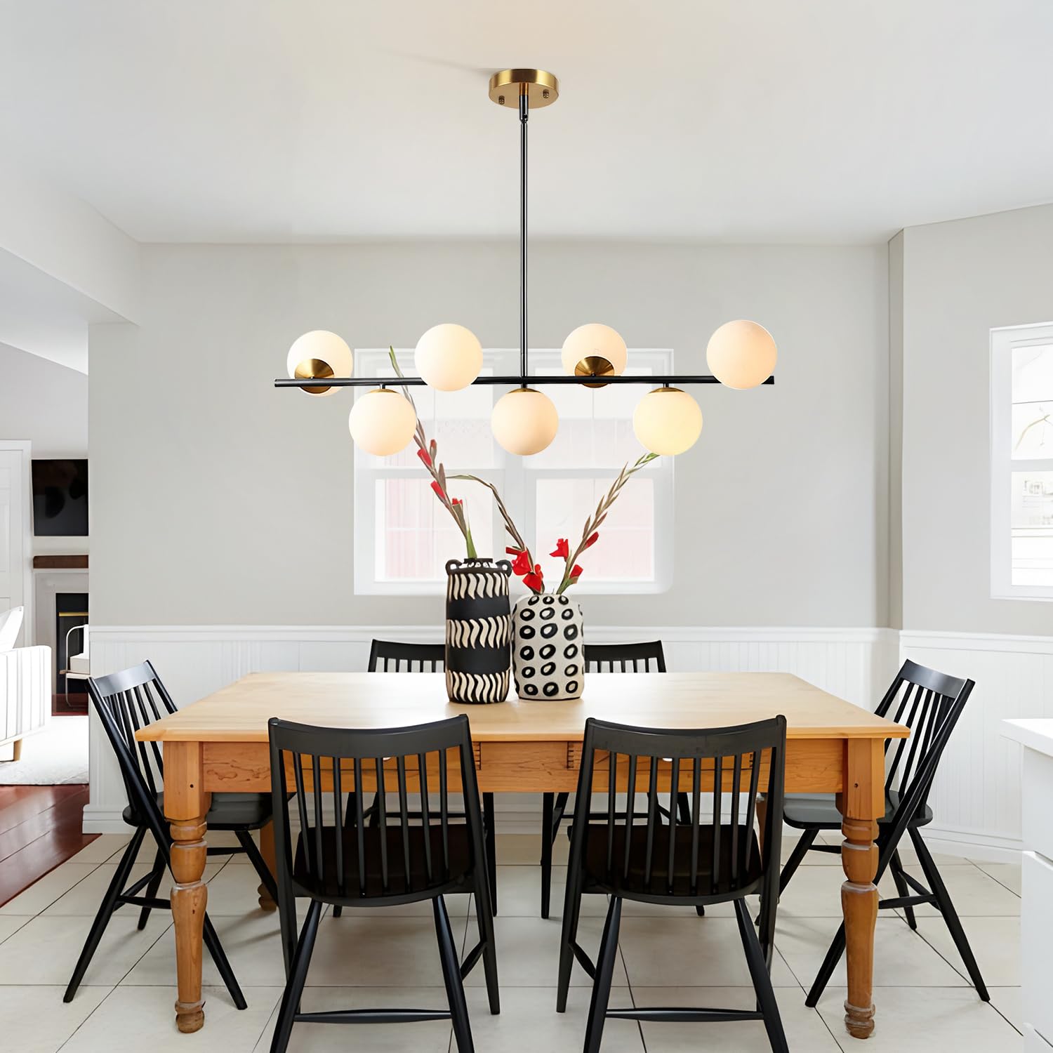 KCO Lighting Black & Brass 7-Light Sputnik Chandelier - Mid Century Modern Milk Glass Globe Pendant for Dining Room, Kitchen, Bedroom