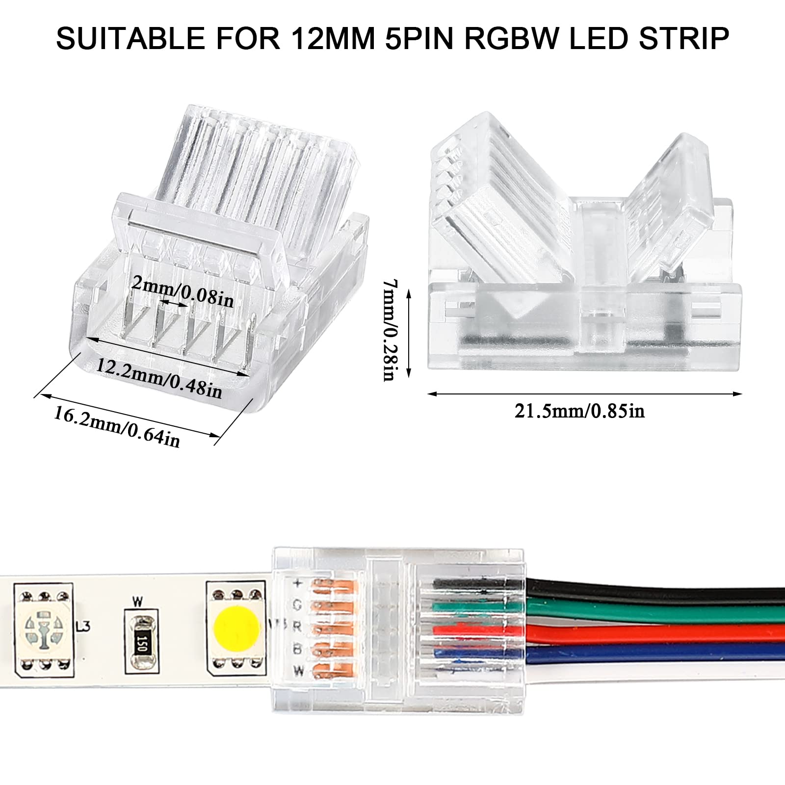 Flutesan 20 Pcs 5 Pin 12 Mm Led Strip Connector Rgb Lights Waterproof Adapter 22 Awg Wires Connector For Strip Light Unwired Gap
