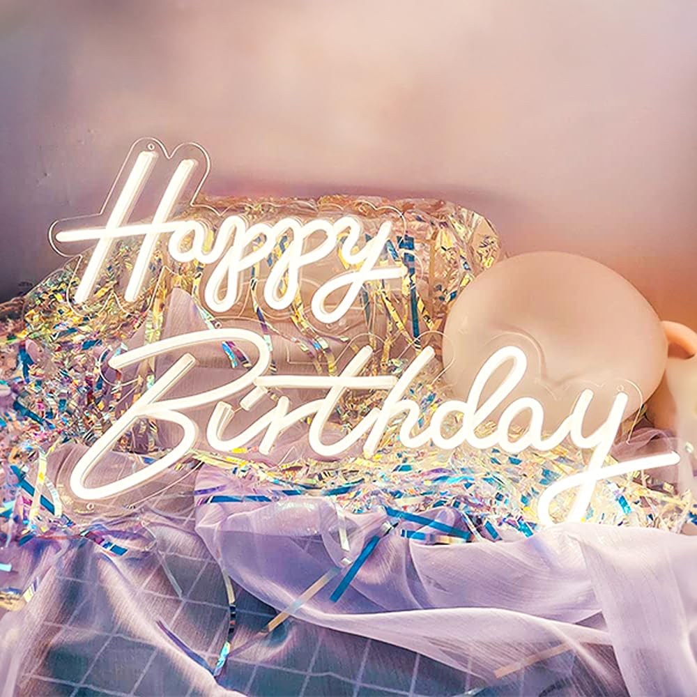 ColorSavvy Happy Birthday Neon Sign, Warm White, 23x8 & 16.5x8 Inch, Acrylic, Model JX-0000, 10 Levels Adjustable Brightness