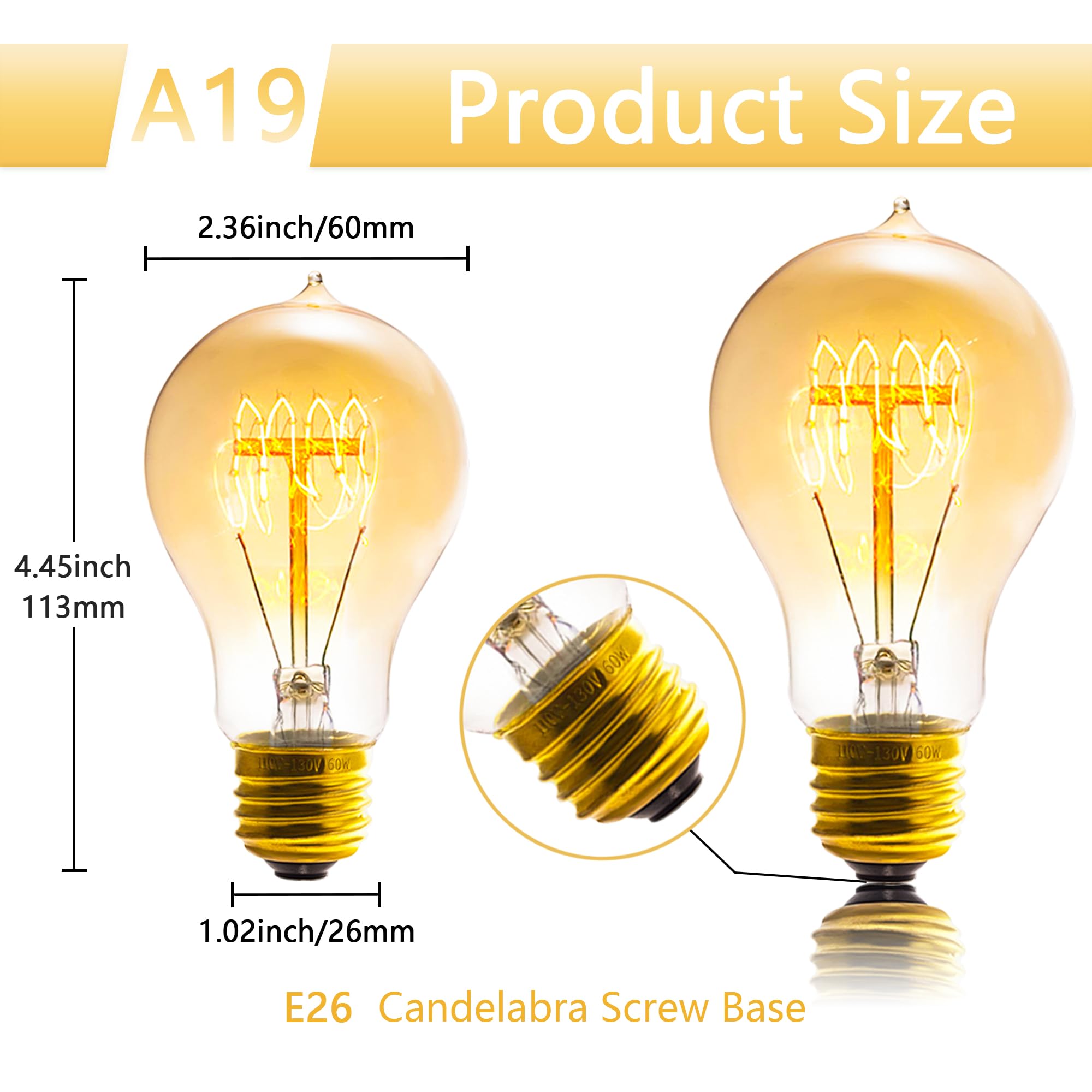 Sevici A19 Dimmable Edison Bulb Pack of 6, Amber Glass, 120V 60W, 2200K Warm Yellow Light, Retro Style, 2.36