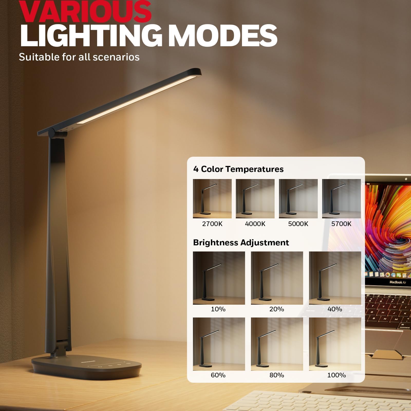 Honeywell LED Desk Lamp HWT-H2B, Dimmable, USB A+C Ports, Eye-Caring, Foldable, 4 Color Modes, Black